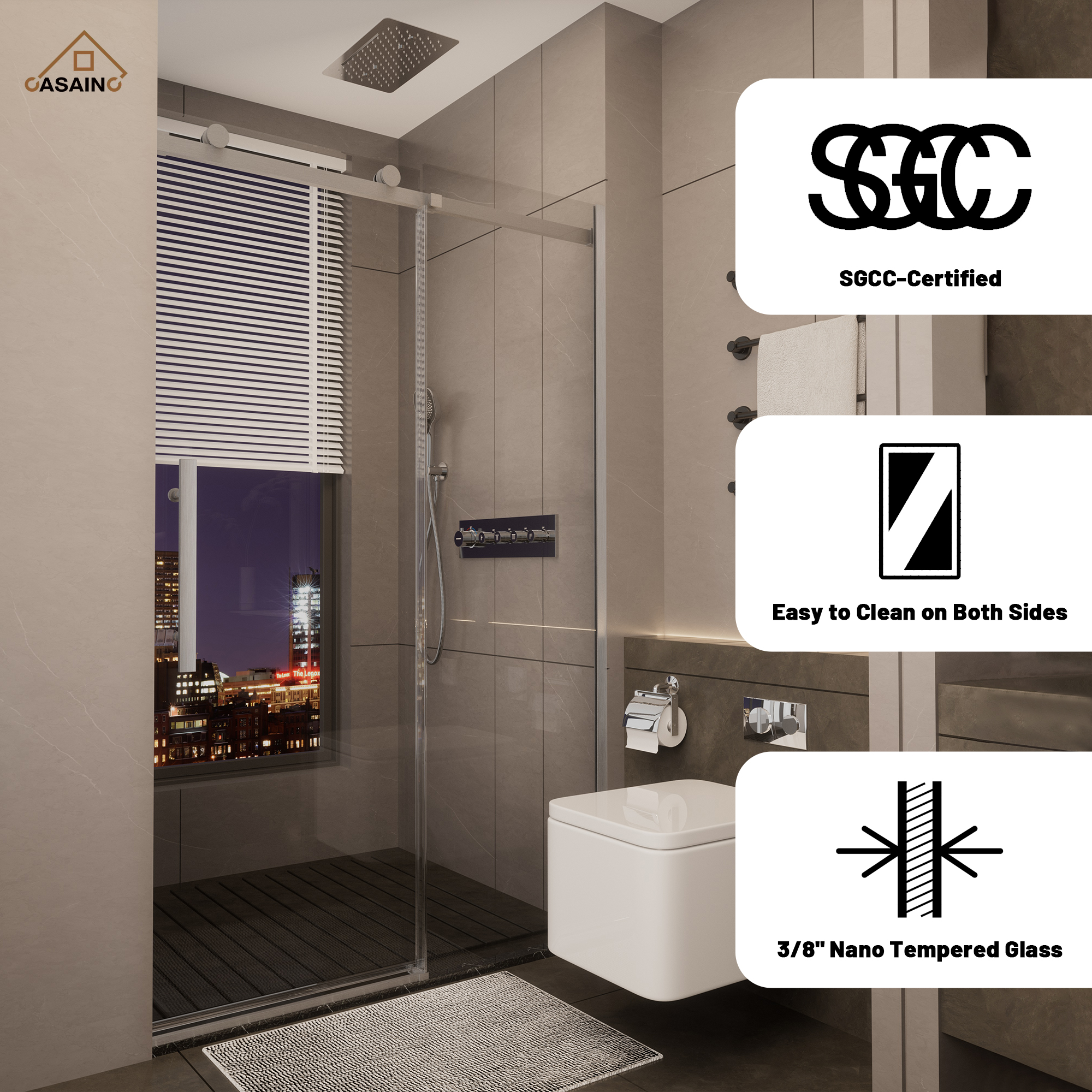 48"x76" Frameless Shower Door with Cushioned Single Slide, SGCC-Certified Tempered Shower Glass Door in Matte Black/Chrome/Brushed Nickel/Brushed Gold