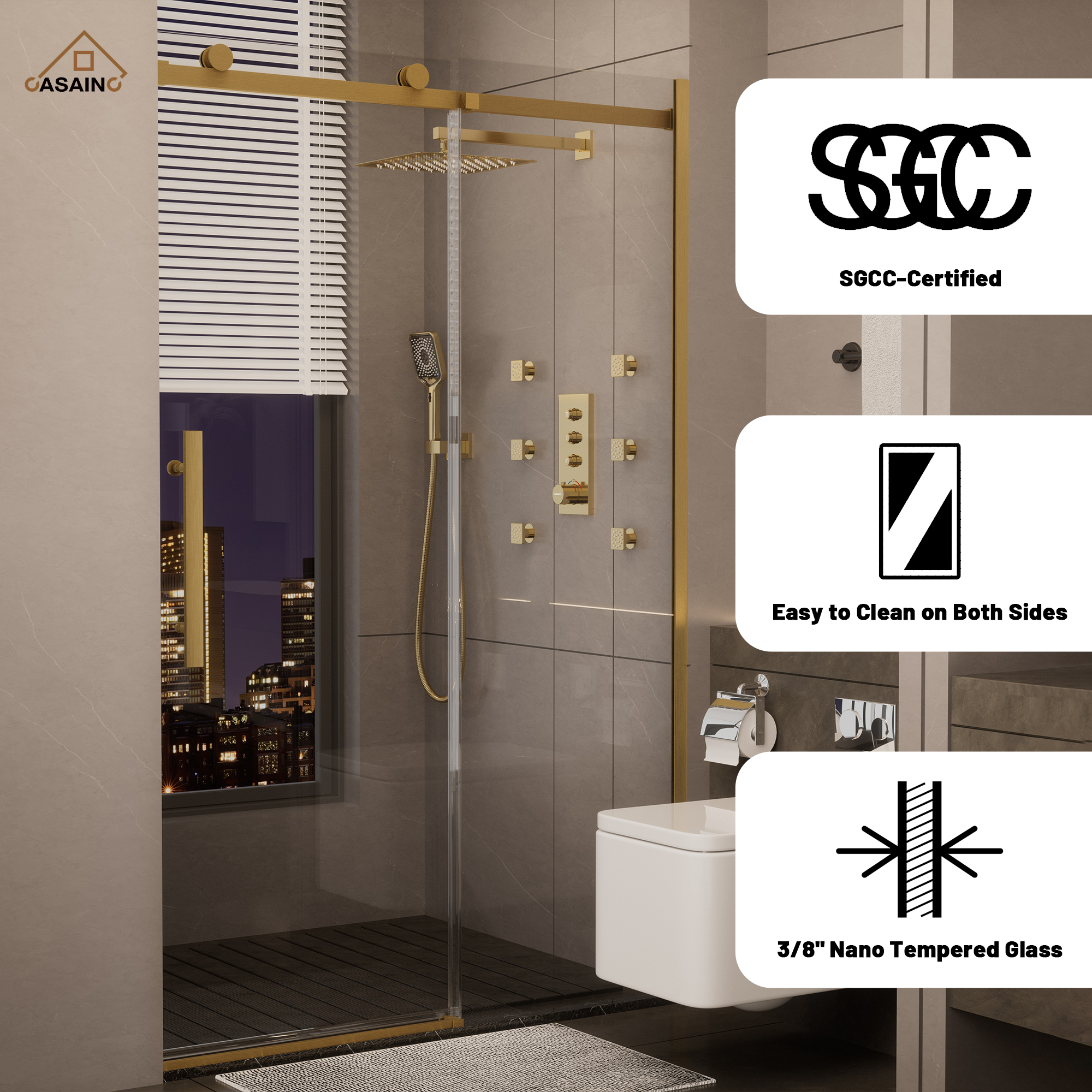48"x76" Frameless Shower Door with Cushioned Single Slide, SGCC-Certified Tempered Shower Glass Door in Matte Black/Chrome/Brushed Nickel/Brushed Gold