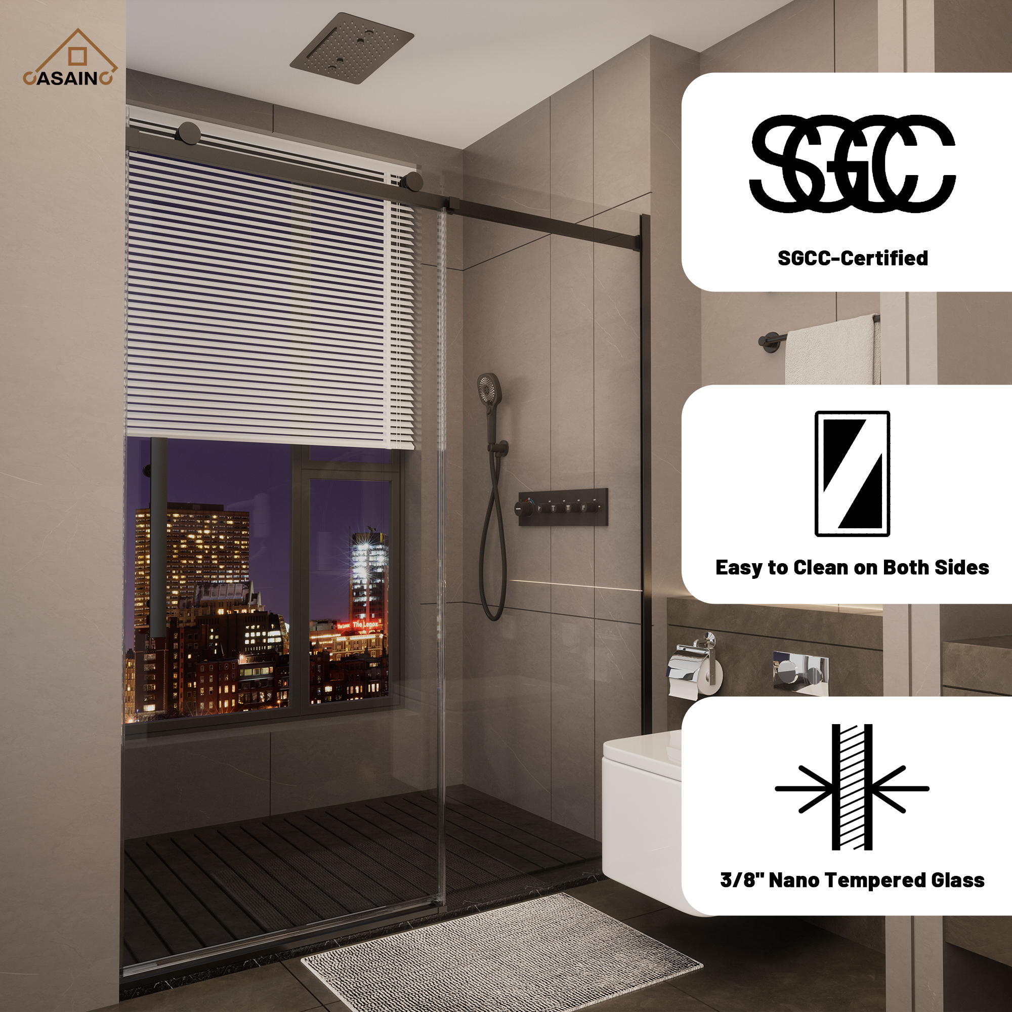 60"x76" Frameless Shower Door with Cushioned Single Slide, SGCC-Certified Tempered Shower Glass Door in Matte Black/Chrome/Brushed Nickel/Brushed Gold