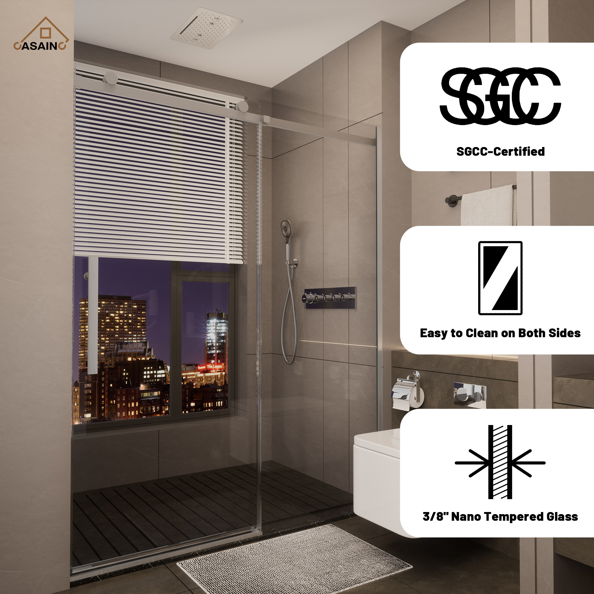 60"x76" Frameless Shower Door with Cushioned Single Slide, SGCC-Certified Tempered Shower Glass Door in Matte Black/Chrome/Brushed Nickel/Brushed Gold