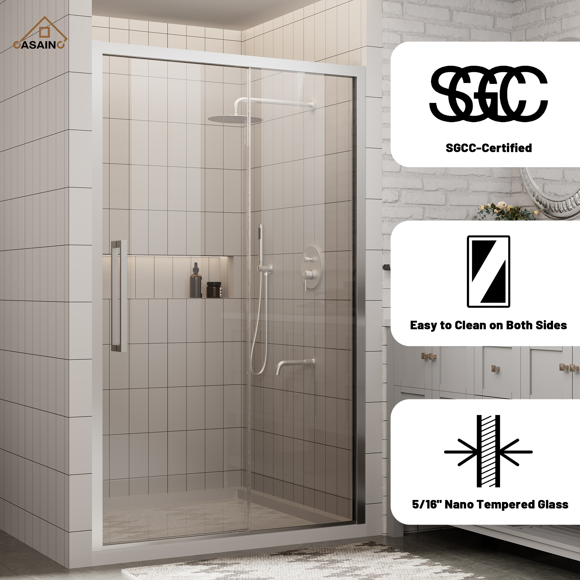 48"x76" Framed Shower Door with Cushioned Single Slide in Brushed Nickel/Chromed/Matte Black, 0.32 inch SGCC-certified Tempered Shower Glass