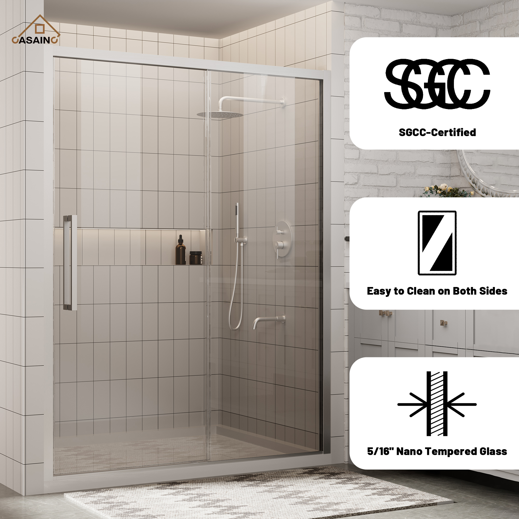 60"x76" Framed Shower Door with Cushioned Single Slide in Brushed Nickel/Chromed/Matte Black, SGCC-certified Tempered Shower Glass