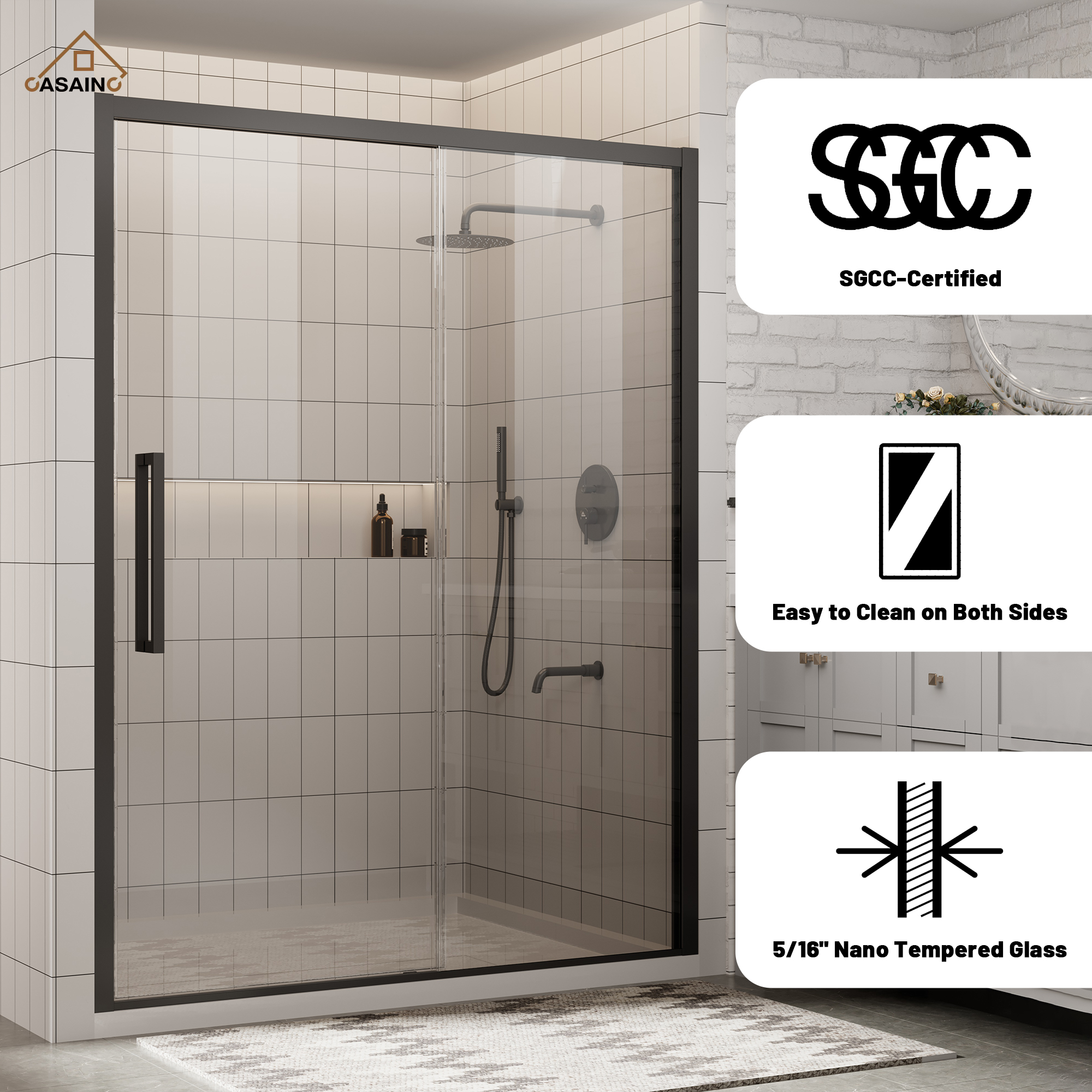 60"x76" Framed Shower Door with Cushioned Single Slide in Brushed Nickel/Chromed/Matte Black, SGCC-certified Tempered Shower Glass