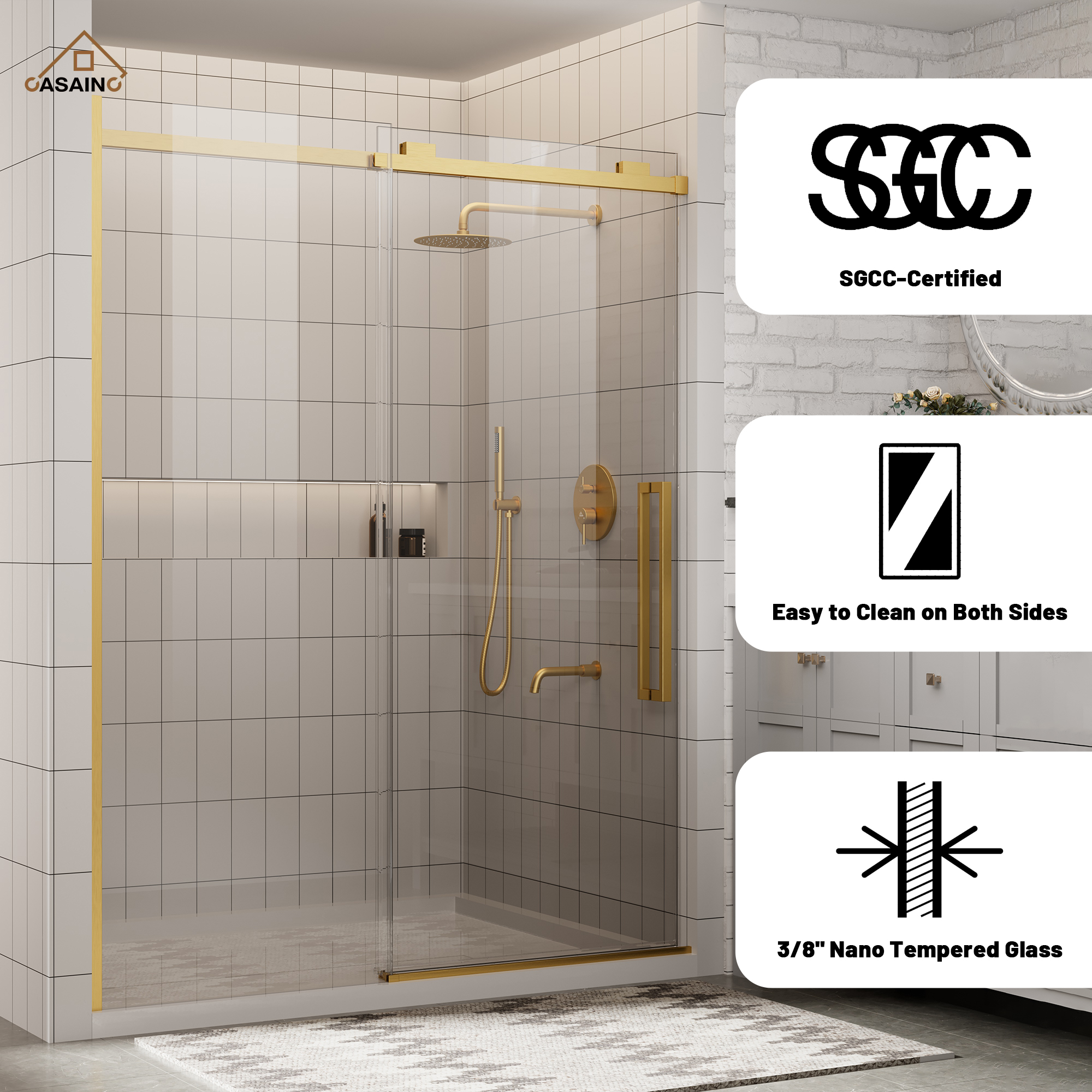 60"x76" Frameless Shower Door with Cushioned Single Slide in Brushed Nickel/Chromed/Matte Black/Brushed Gold, SGCC-certified Tempered Shower Glass