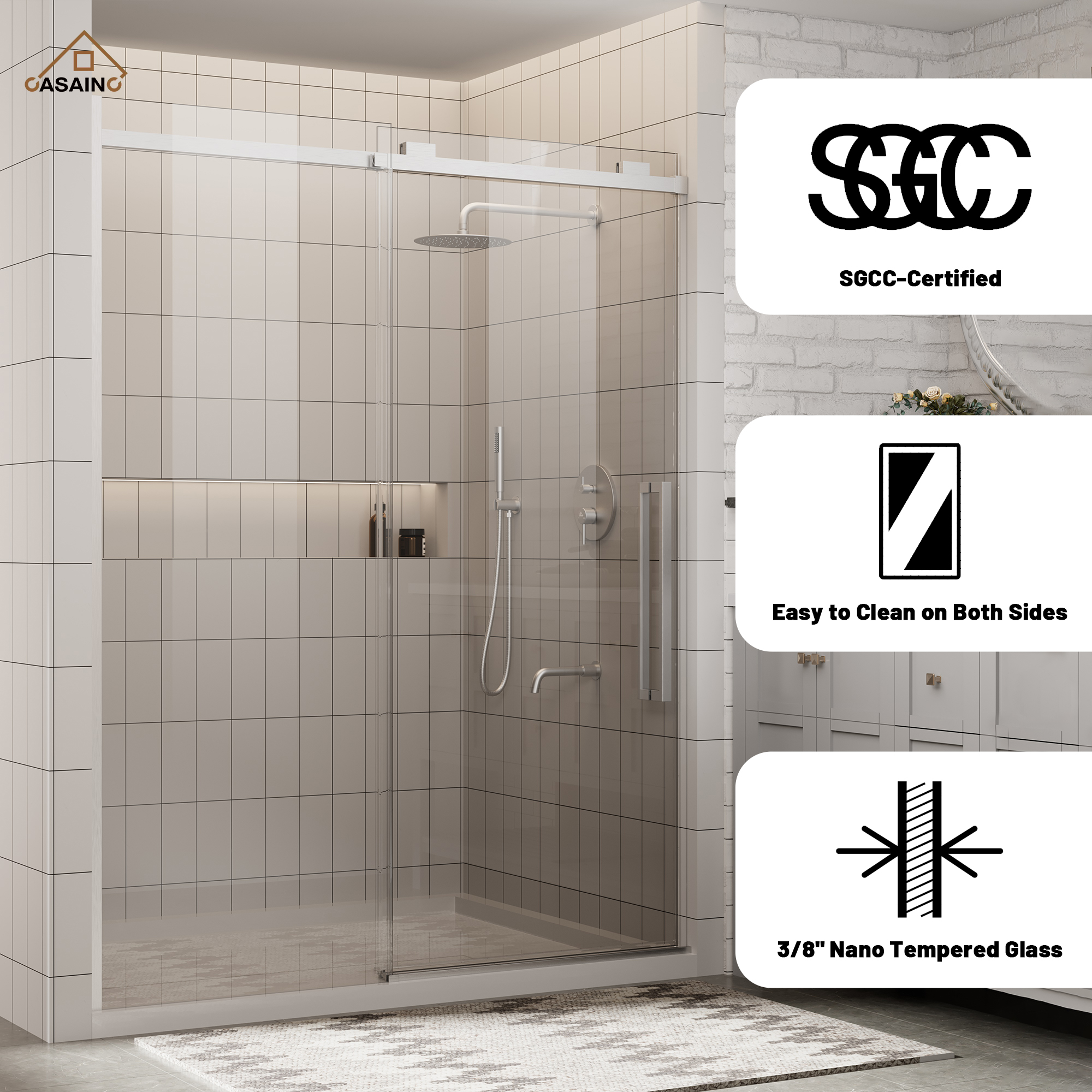 60"x76" Frameless Shower Door with Cushioned Single Slide in Brushed Nickel/Chromed/Matte Black/Brushed Gold, SGCC-certified Tempered Shower Glass
