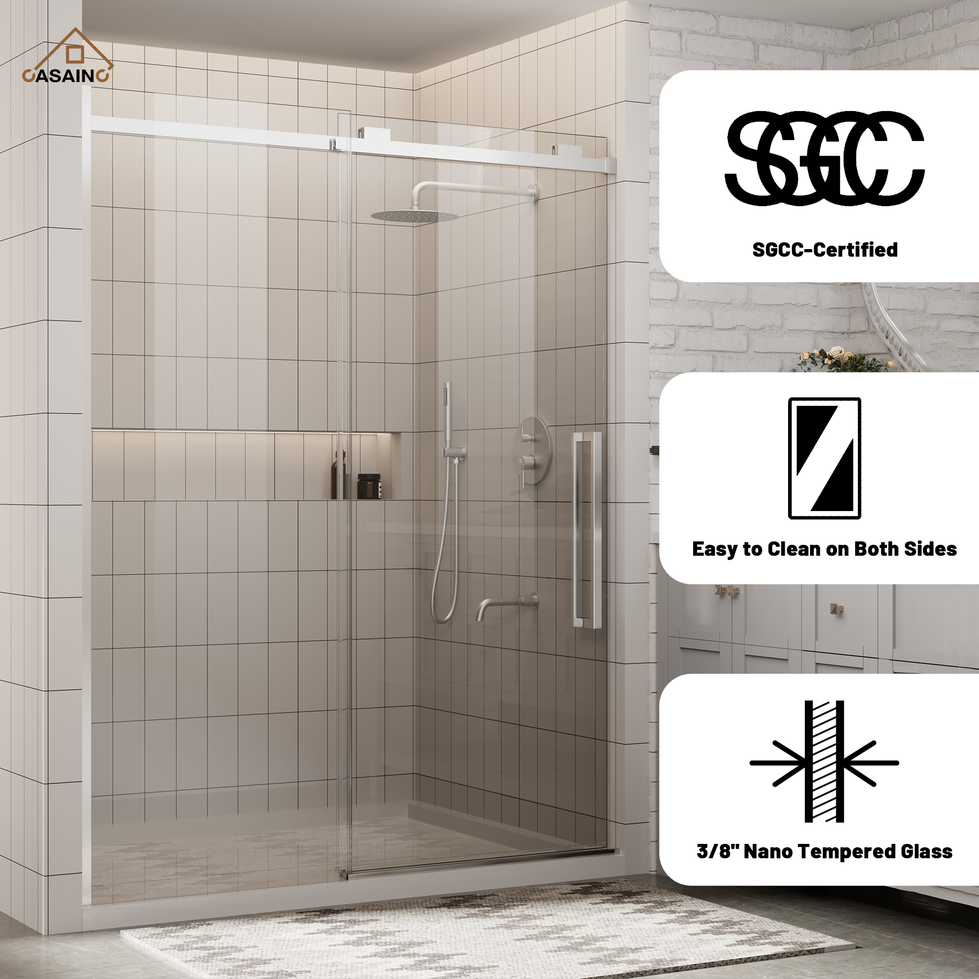 60"x76" Frameless Shower Door with Cushioned Single Slide in Brushed Nickel/Chromed/Matte Black/Brushed Gold, SGCC-certified Tempered Shower Glass