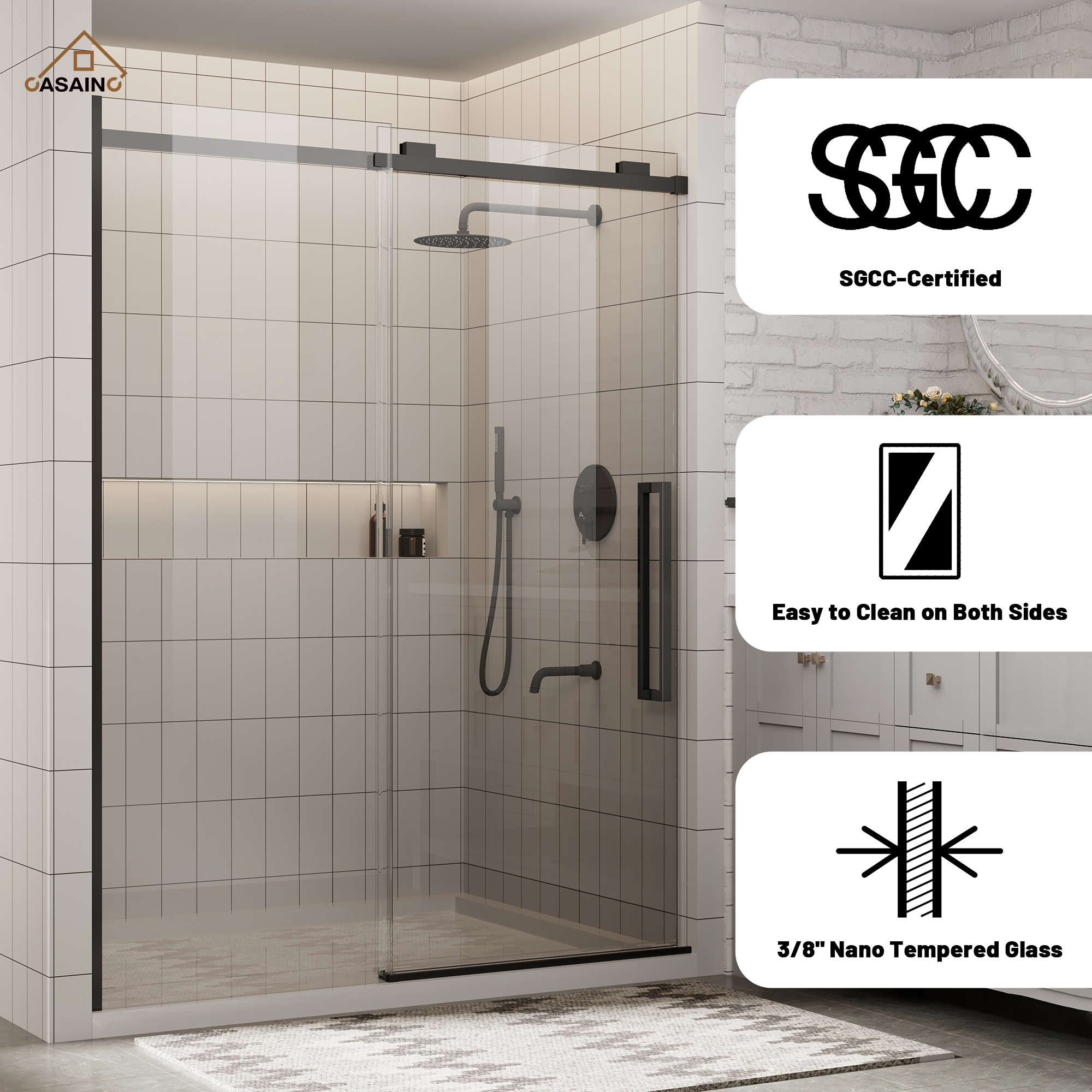 60"x76" Frameless Shower Door with Cushioned Single Slide in Brushed Nickel/Chromed/Matte Black/Brushed Gold, SGCC-certified Tempered Shower Glass