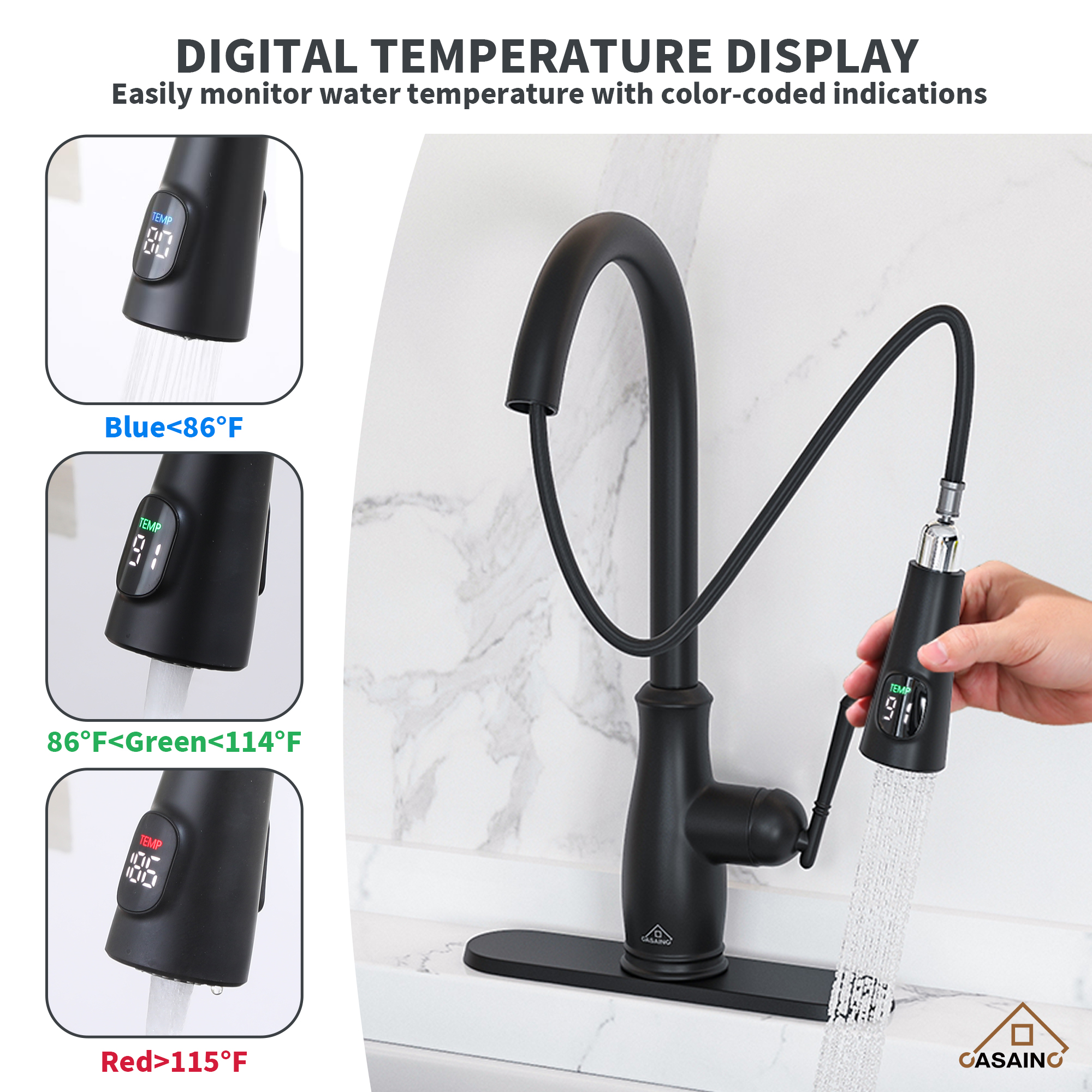 Pull Down Sprayer Kitchen Faucet with Digital Temperature Display