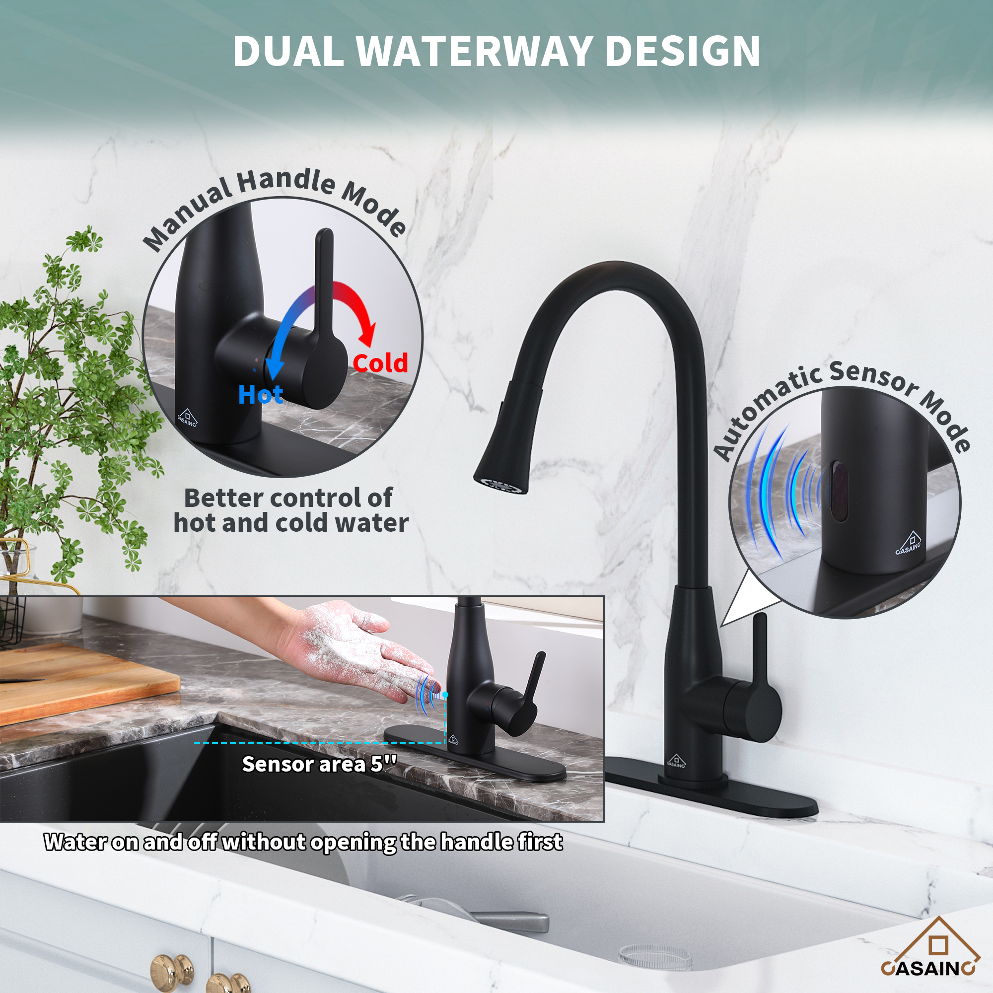 Touchless Kitchen Faucet with Dual Spray 360° Rotation and Pull Down Sprayer