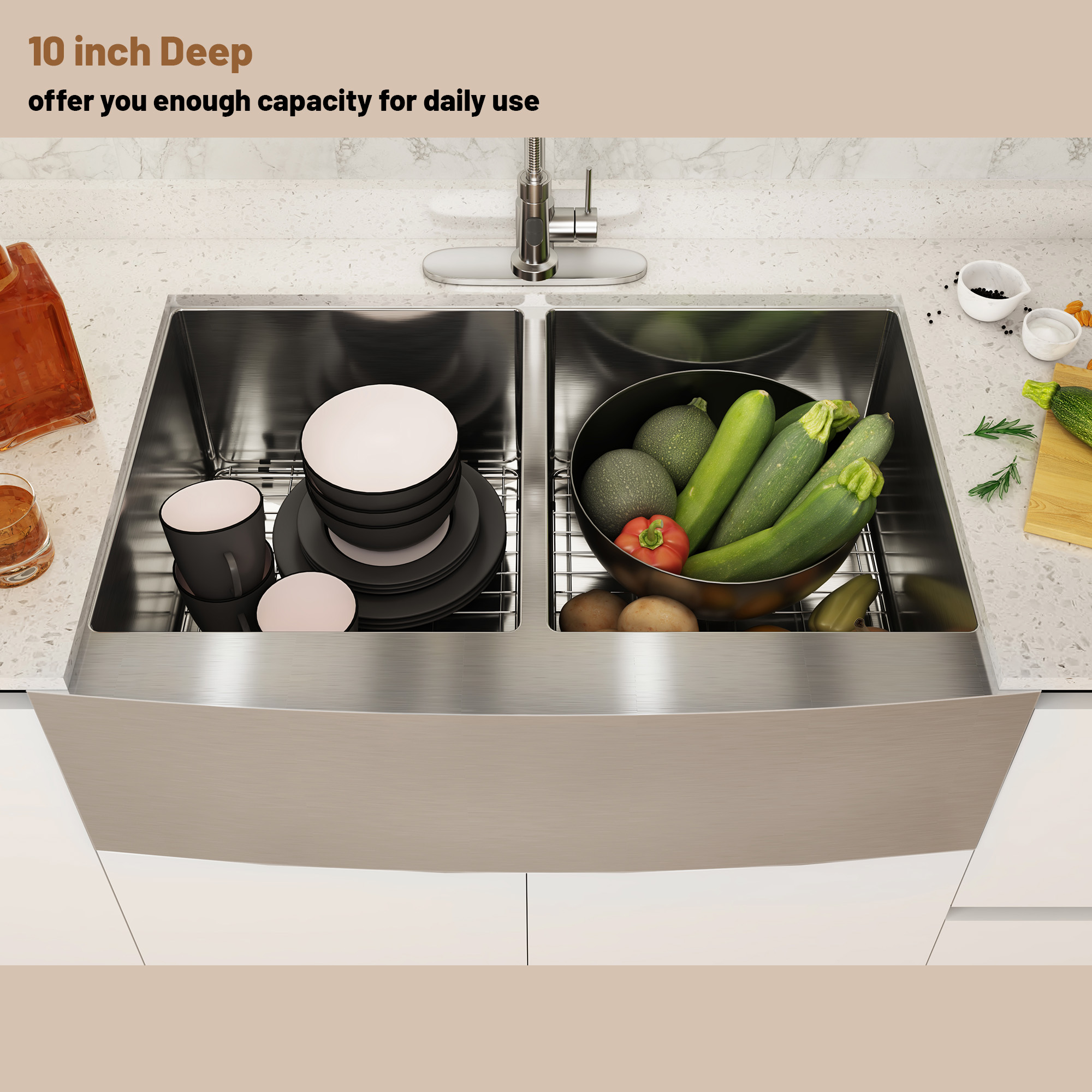 33 Inch Workstation Farmhouse Kitchen Sink Stainless Steel Apron Front Double Bowl Sink Basin