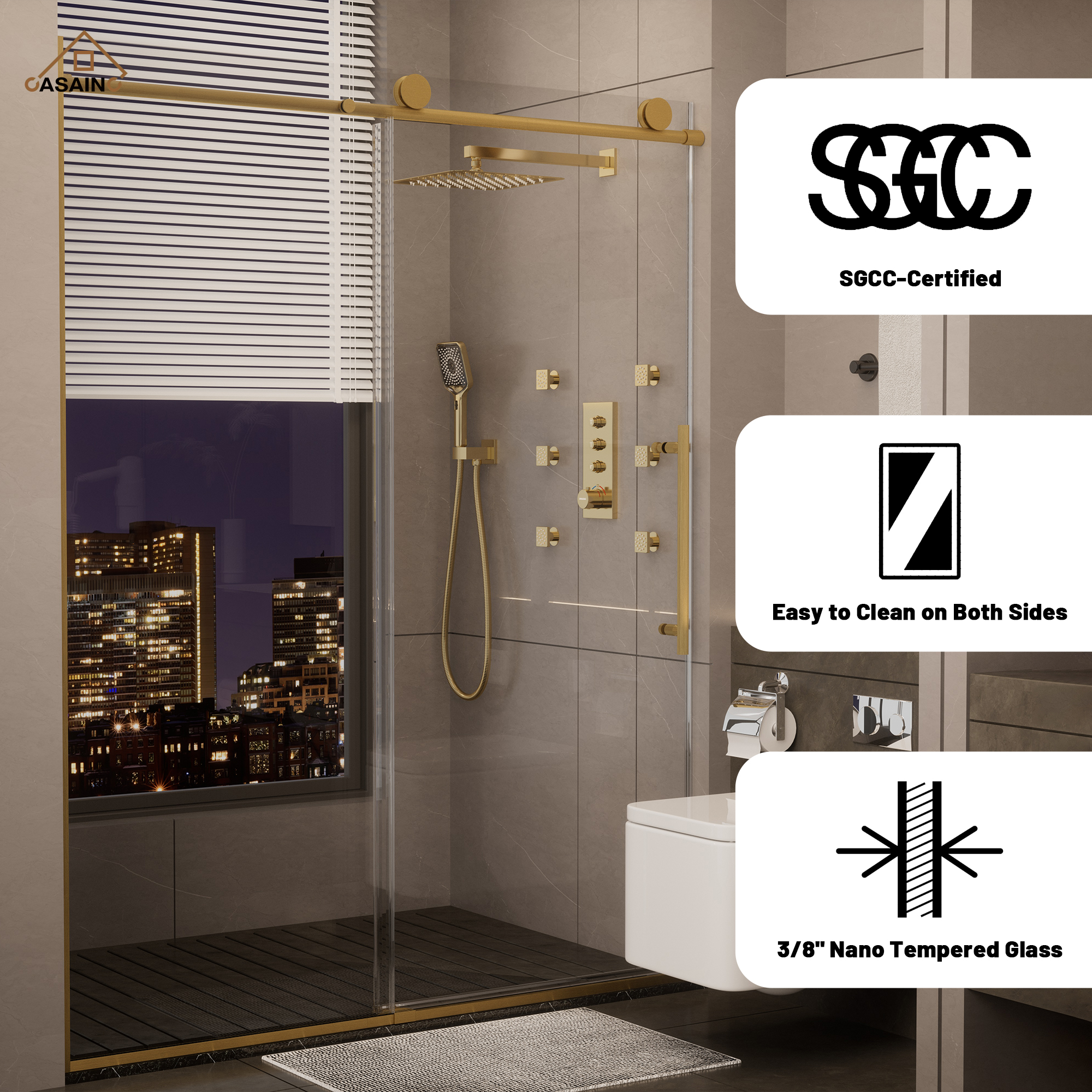 60"x76" Frameless Shower Door with Single Slide and Cushioned Enclosure in Chrome/Brushed Gold