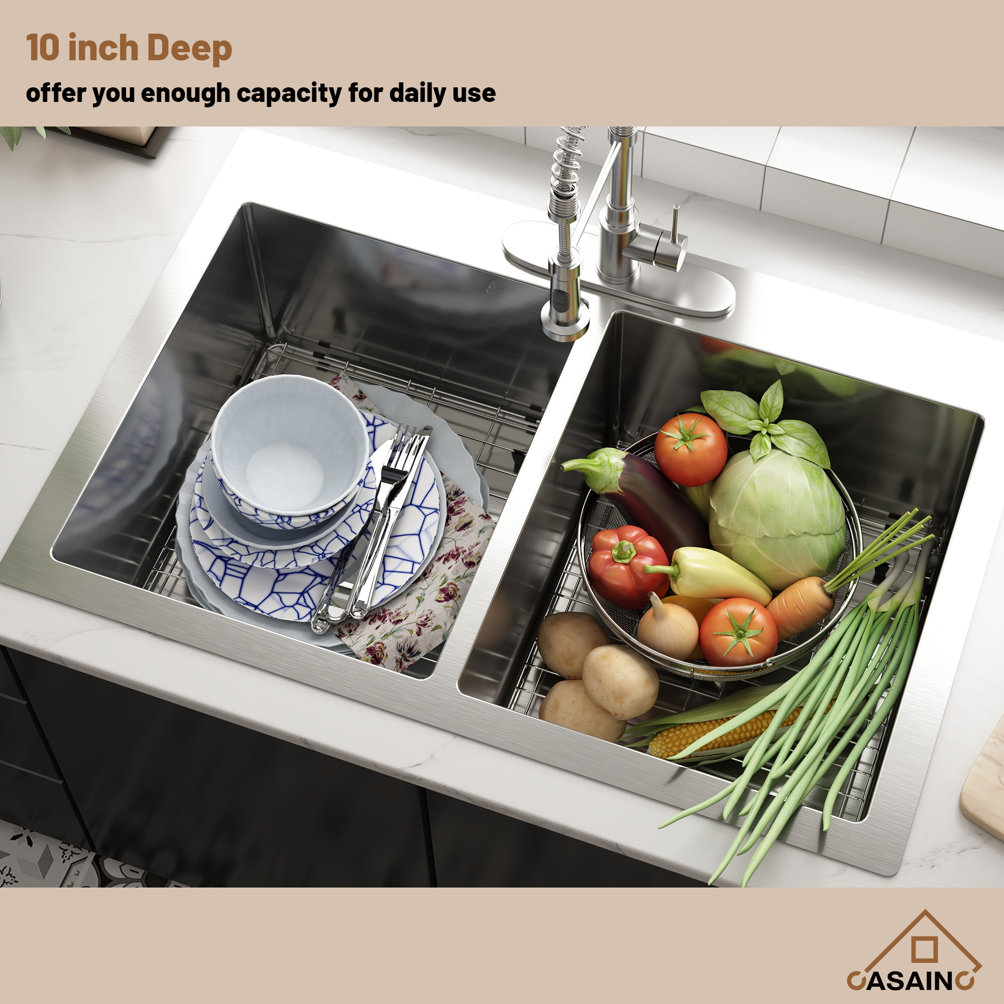 33 Inch Stainless Steel Topmount Kitchen Sink Drop In Workstation Brushed Kitchen Sink 18 Gauge 10 Inch Deep Single Bowl Kitchen Sink with Drainer and Drain Rack