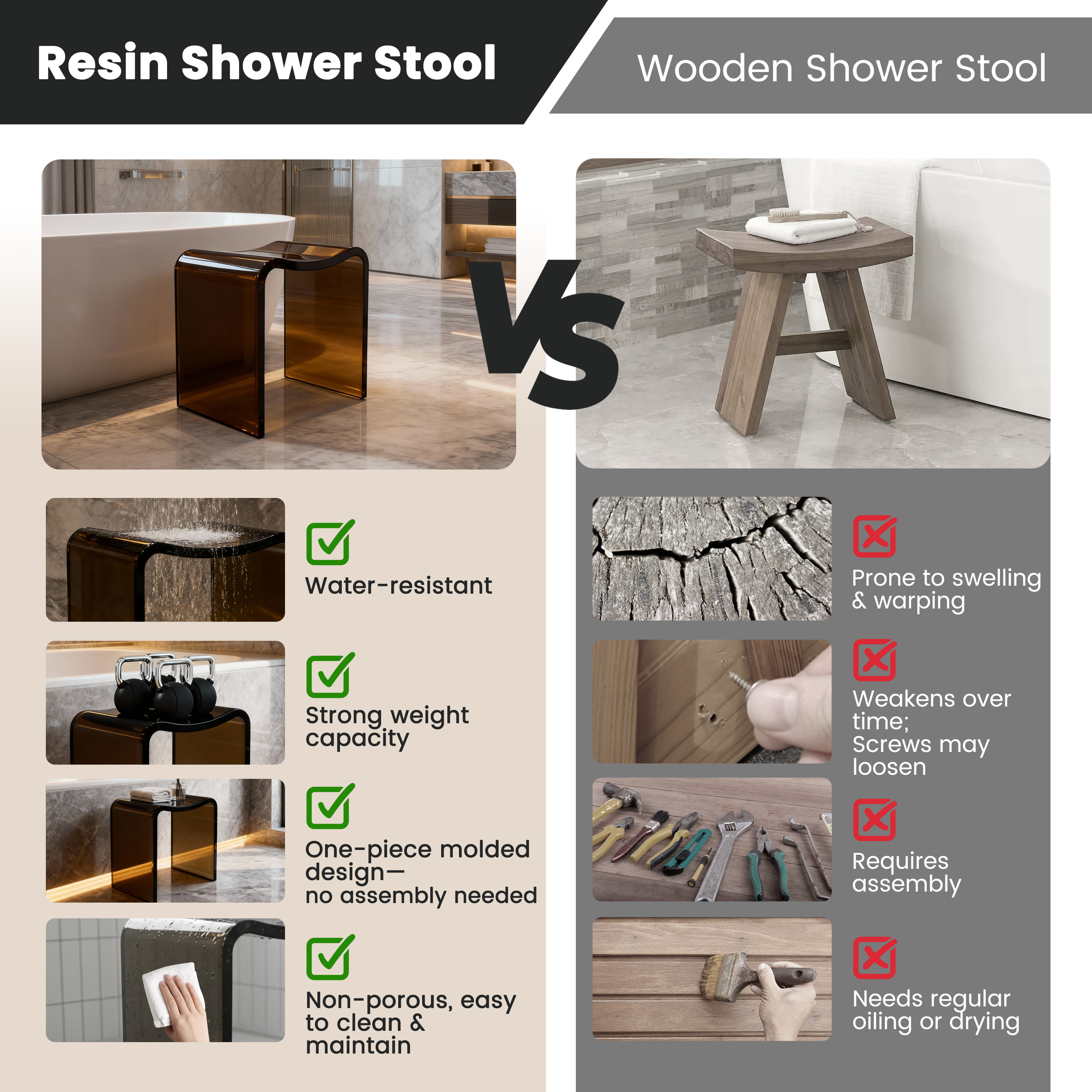 Resin Stone Freestanding Shower Stool with Gently Curved Seat