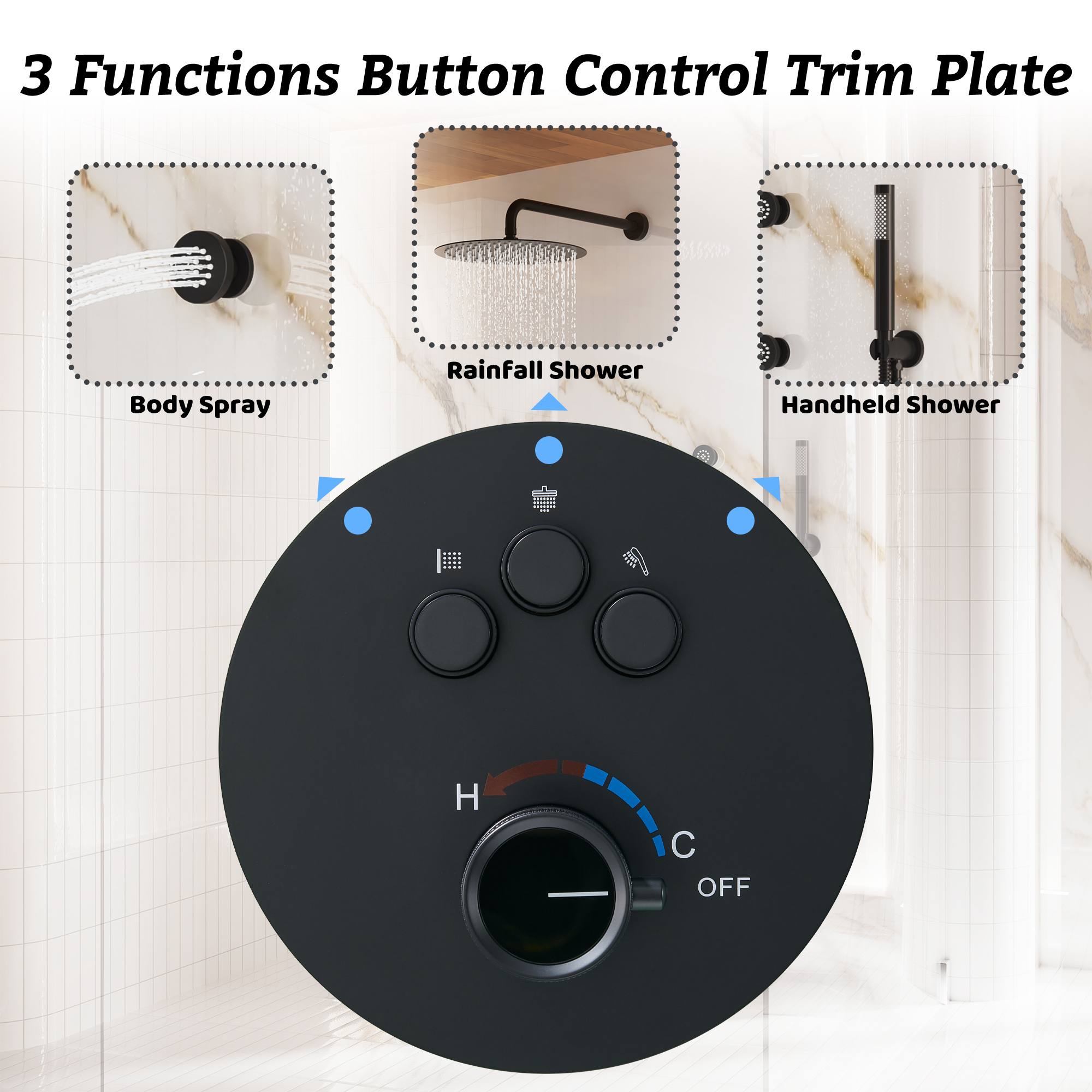 12" Round Rainfall Shower System with 6 Adjustable Body Jets