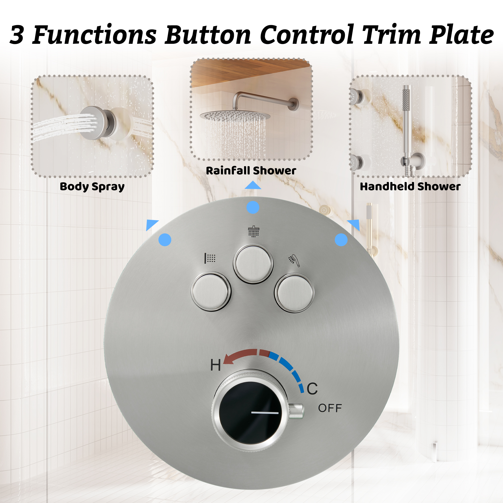 12" Round Rainfall Shower System with 6 Adjustable Body Jets