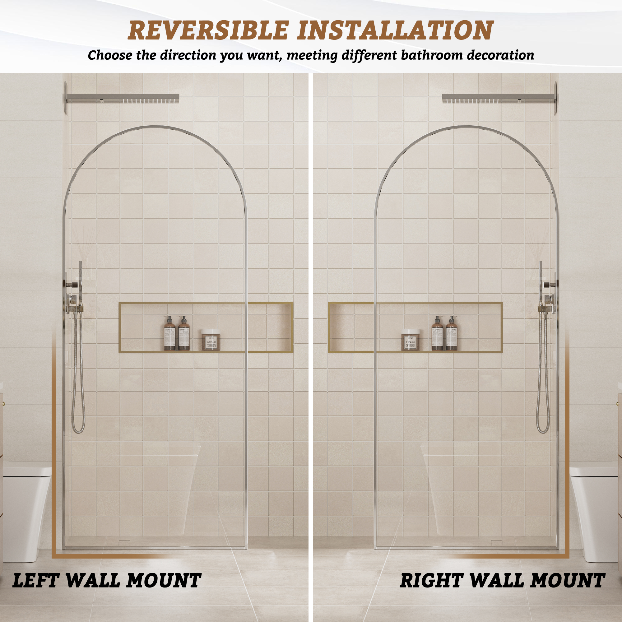 34"x78" Tempered Glass Shower Screen with Integrated Curved Frame