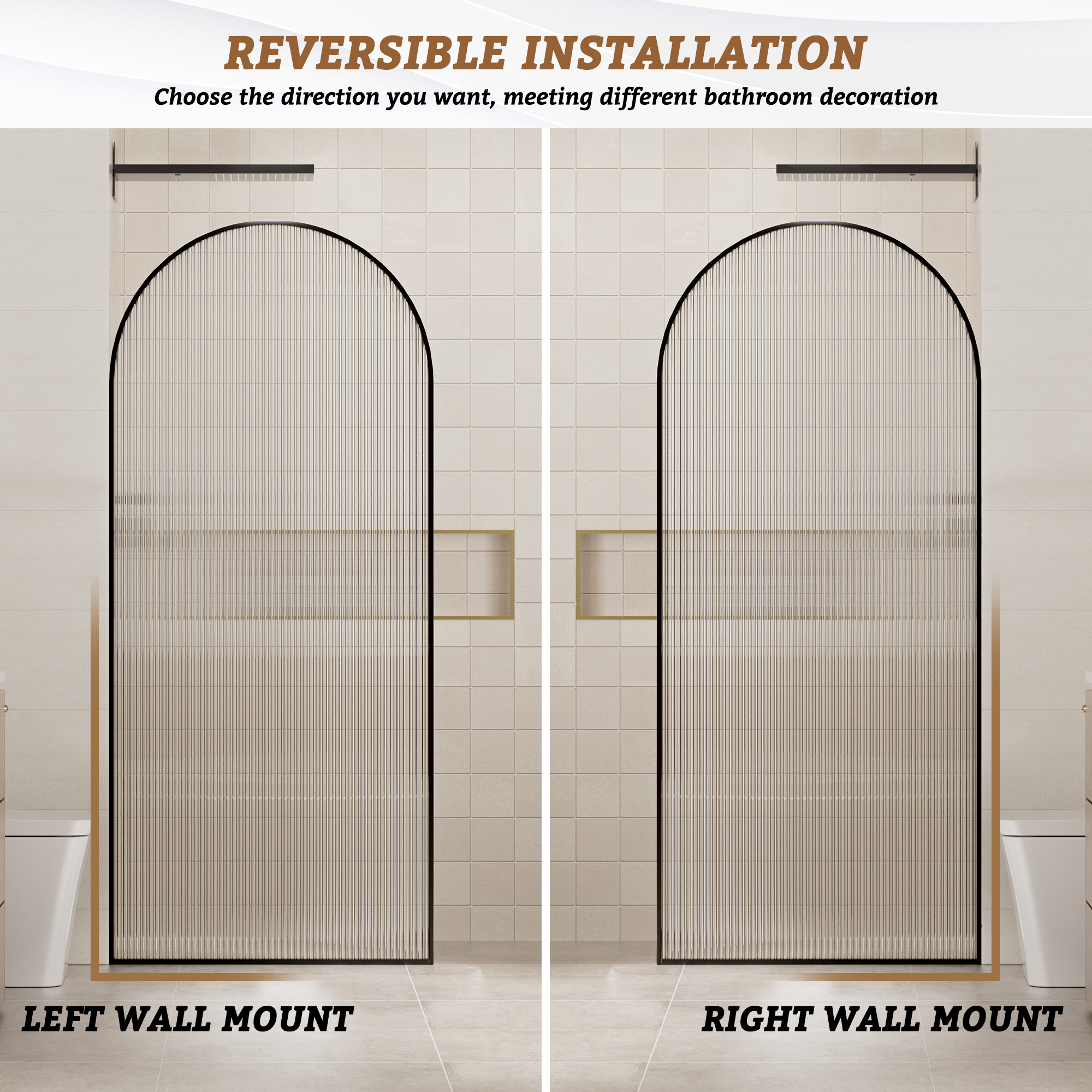 34"x78" Curved Frosted Glass Shower Screen with 10mm SGCC-Certified Tempered Glass