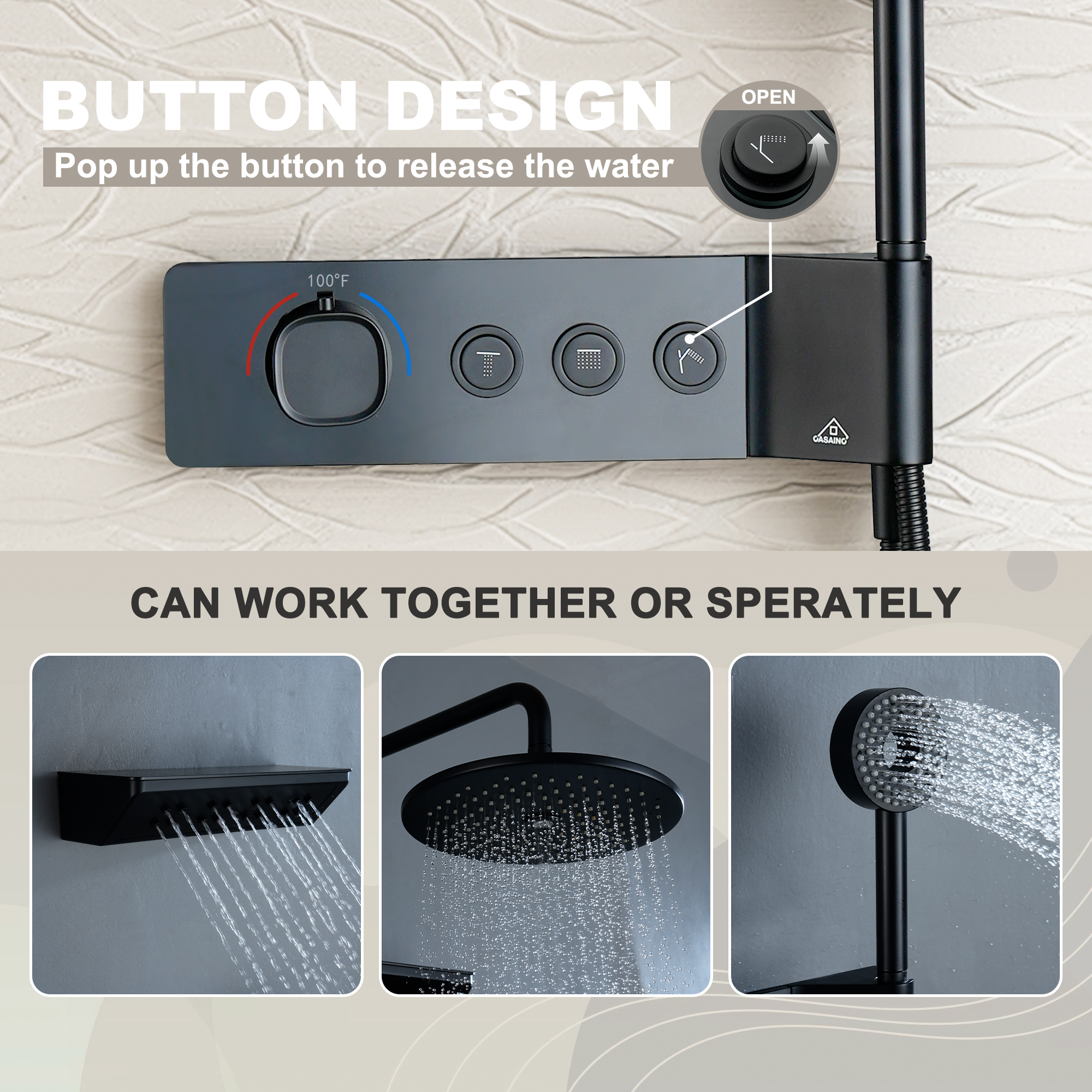 10-inch 3-Function Thermostatic Shower System with Neck Massage Jet