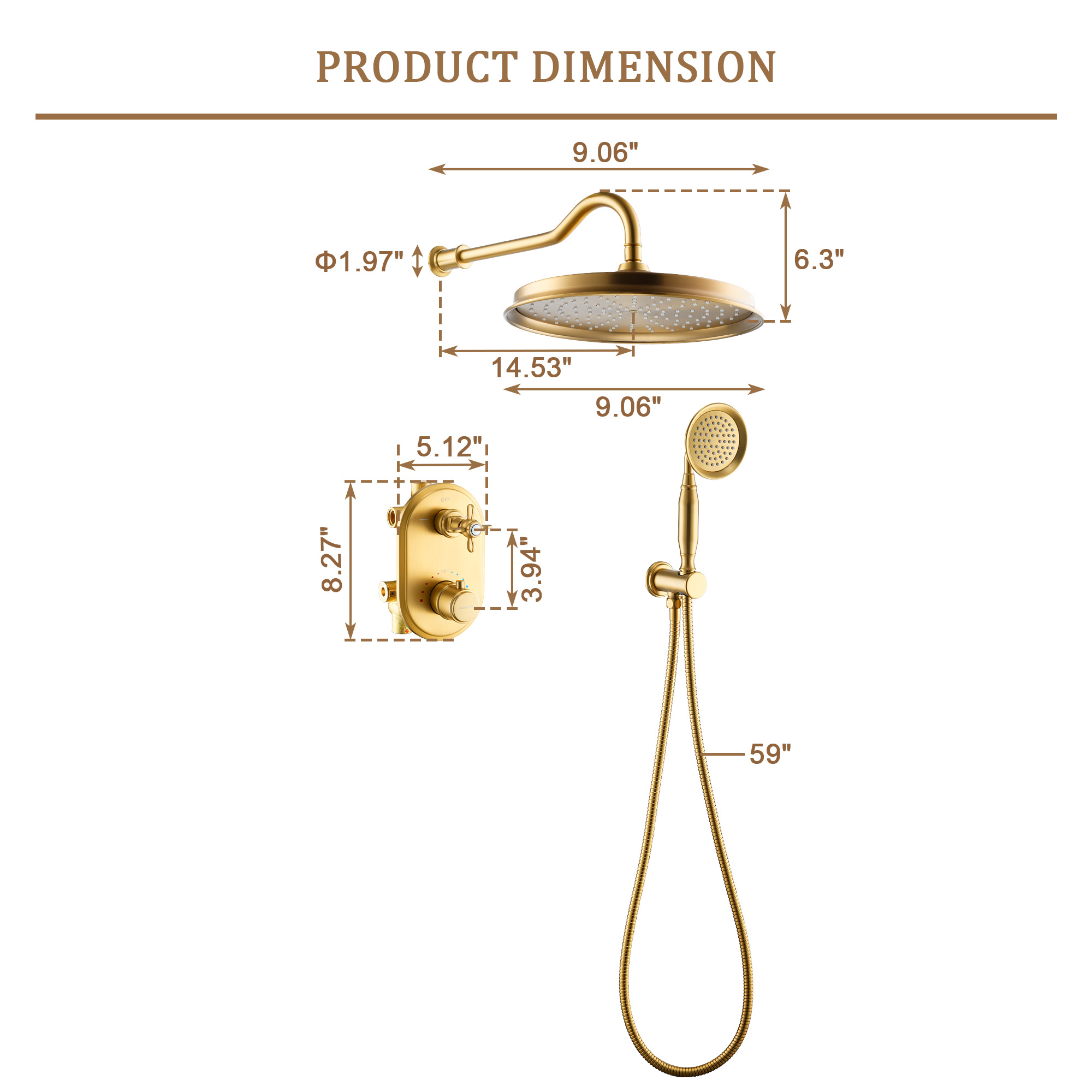 Brushed Gold Thermostatic Shower System with Handheld - DANUBE