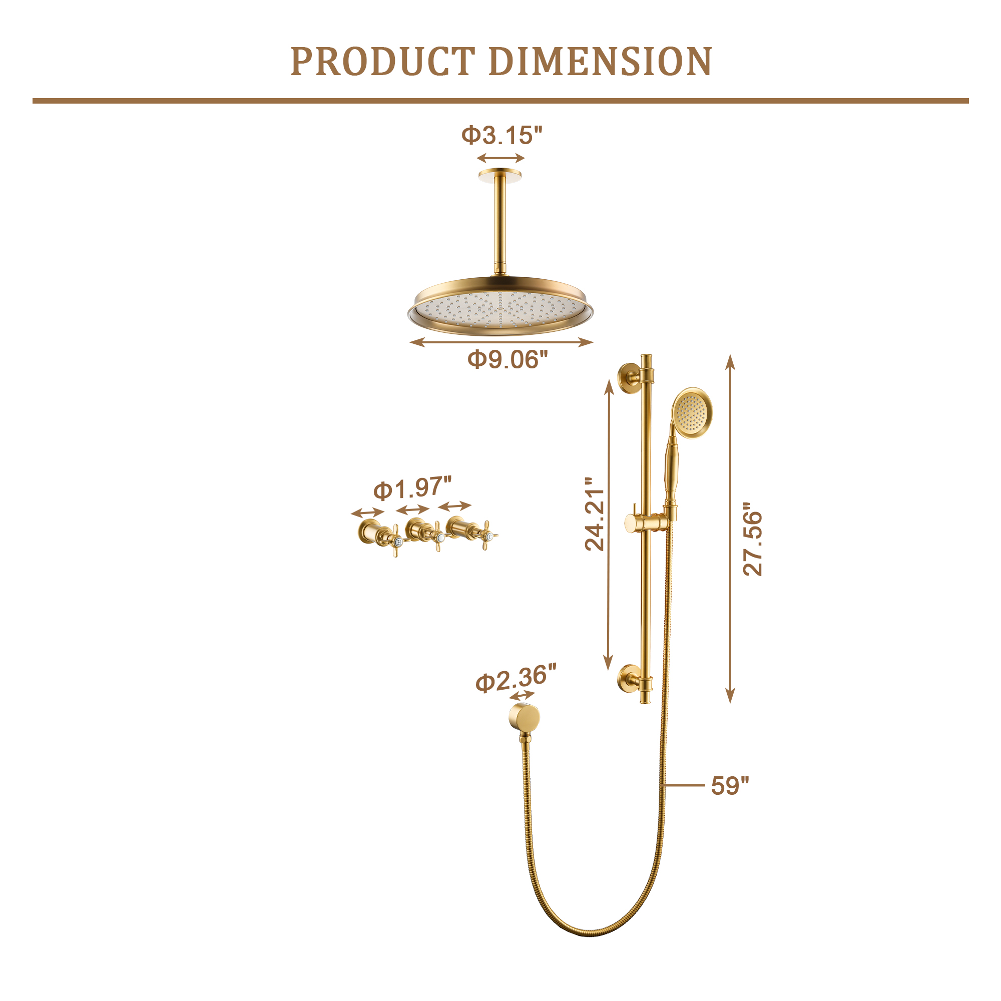 Brushed Gold Manual Shower System with Classic Controls - DANUBE