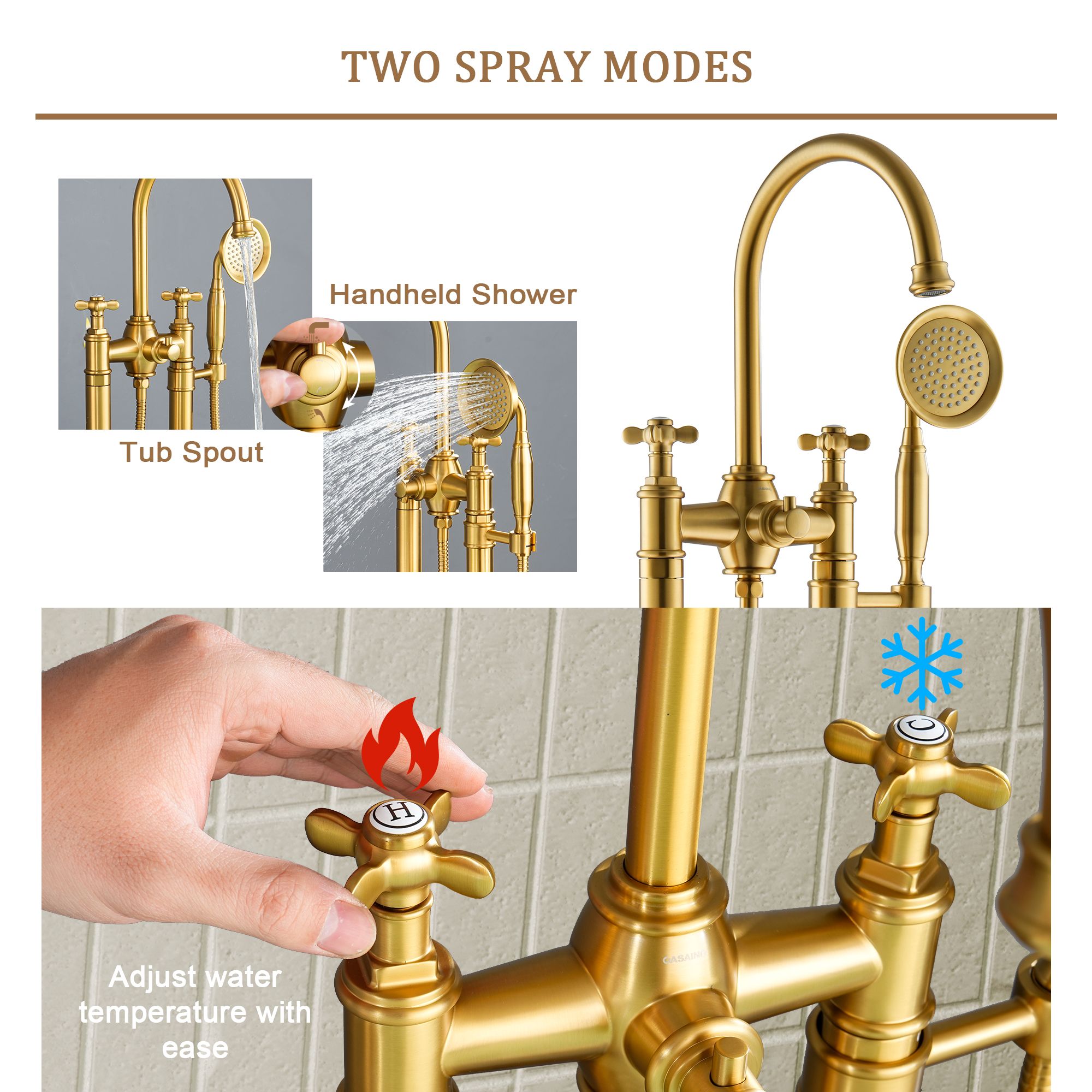 Brushed Gold Freestanding Bathtub Faucet with Hand Shower - DANUBE