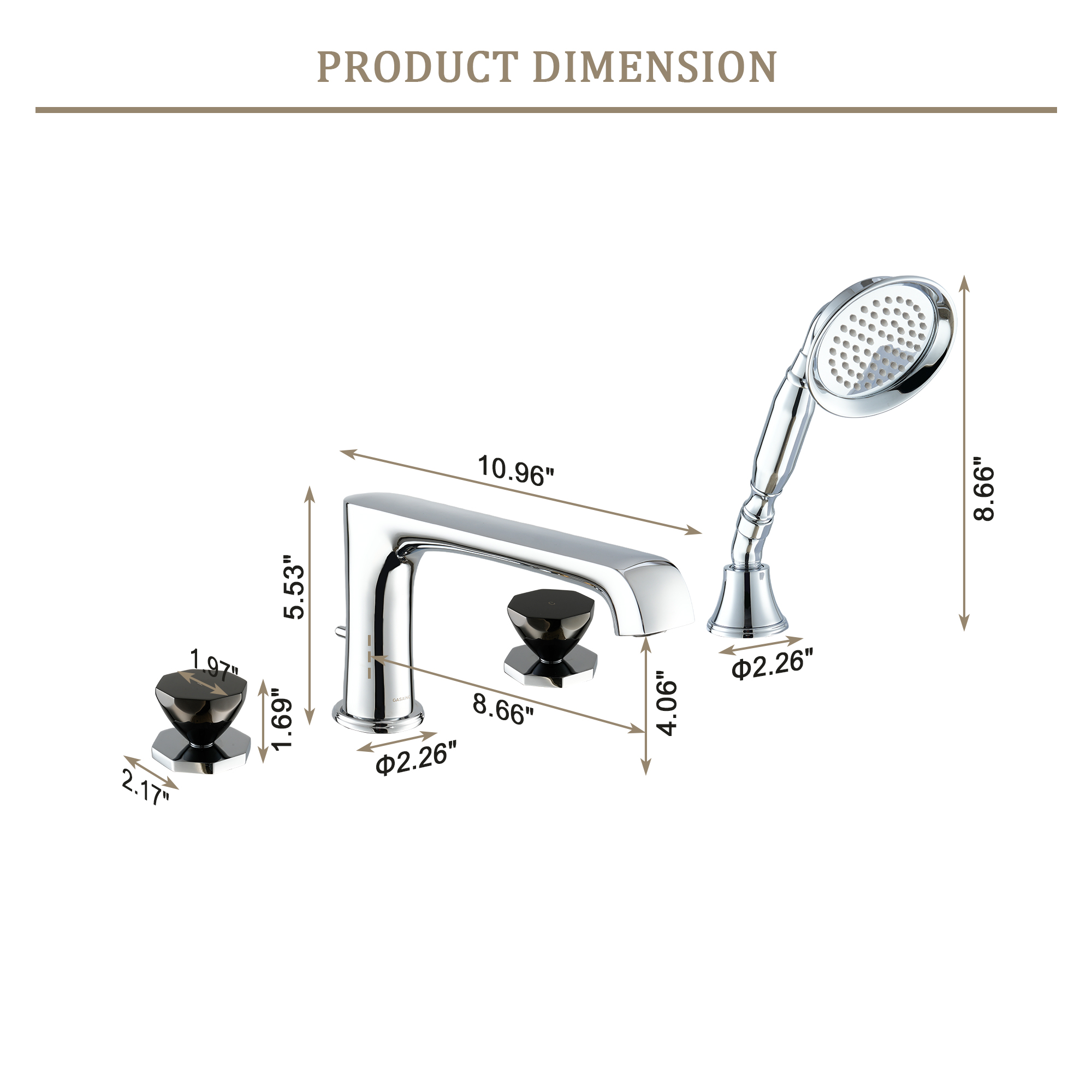 Chrome & Black PVD 4-Hole Roman Tub Faucet with Hand Shower - OCTAGON