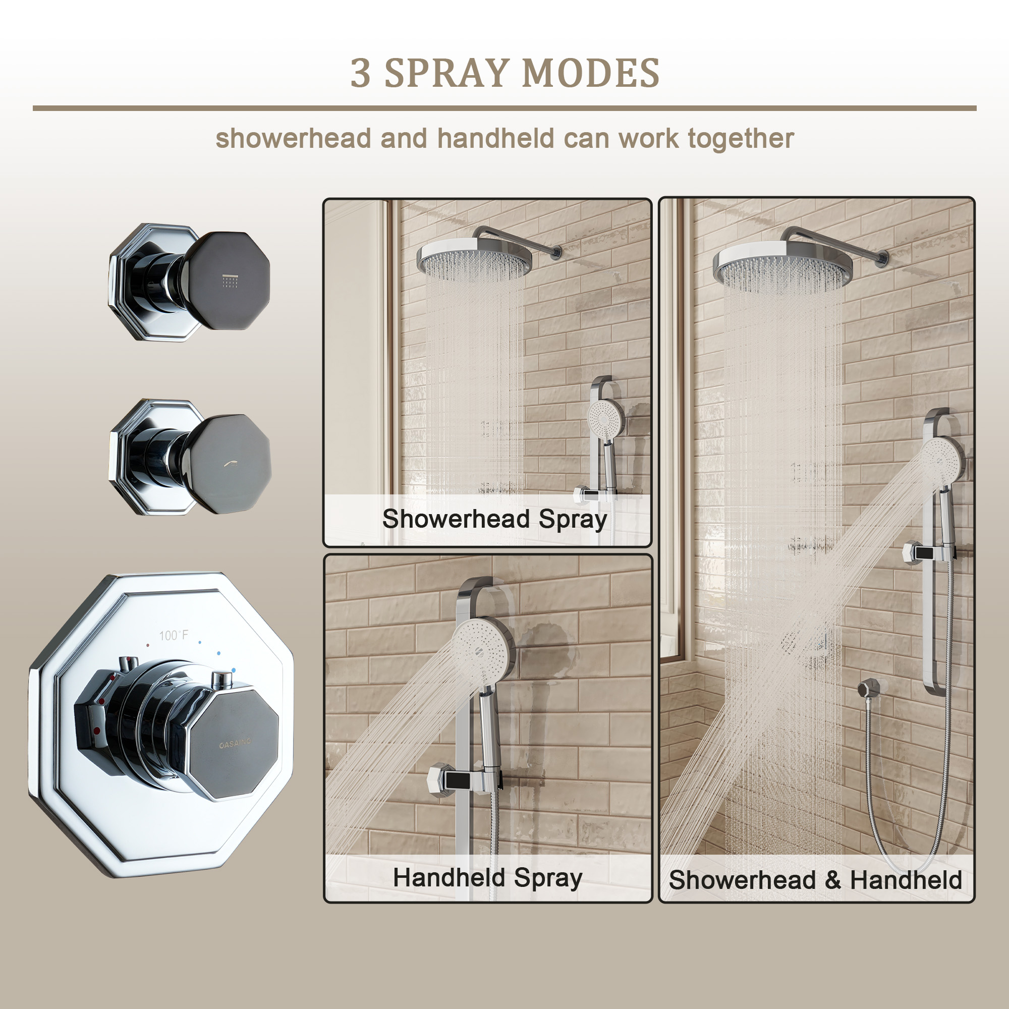 12" Rainfall Thermostatic Shower System with 3-Function Hand Shower - OCTAGON