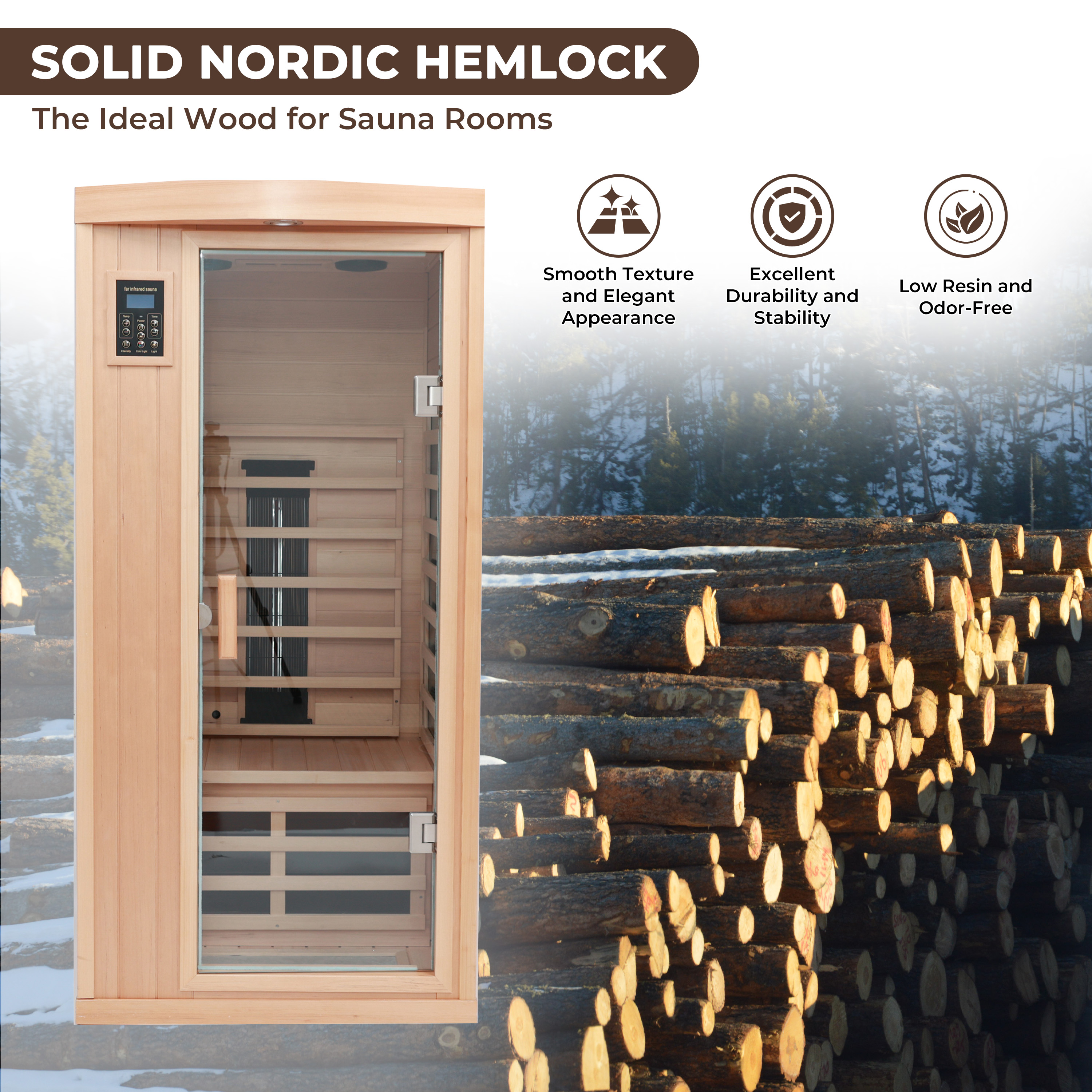 1-Person Low-EMF Hemlock Infrared Sauna with Bluetooth & Lights