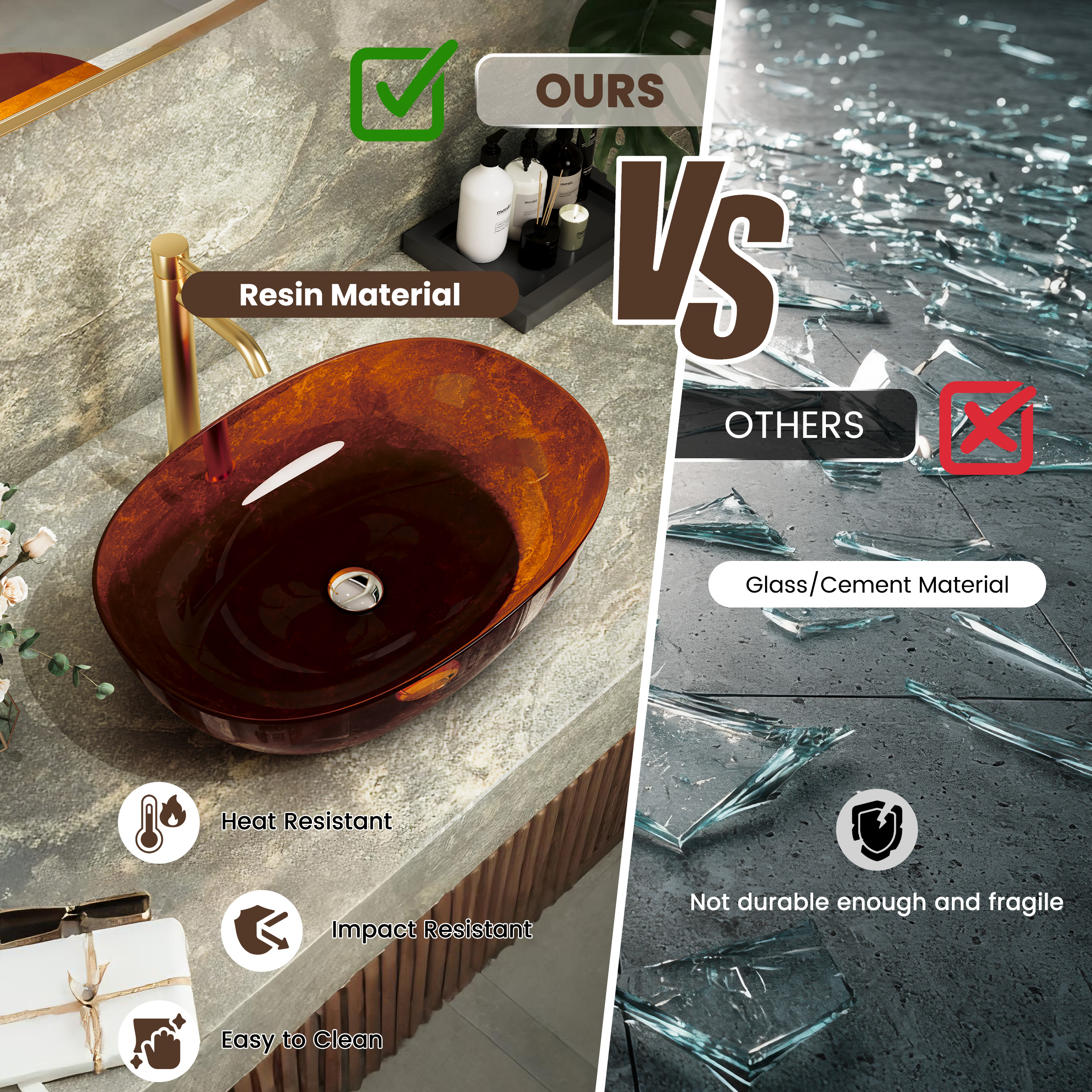 22" Oval Transparent Countertop Resin Bathroom Vessel Sink