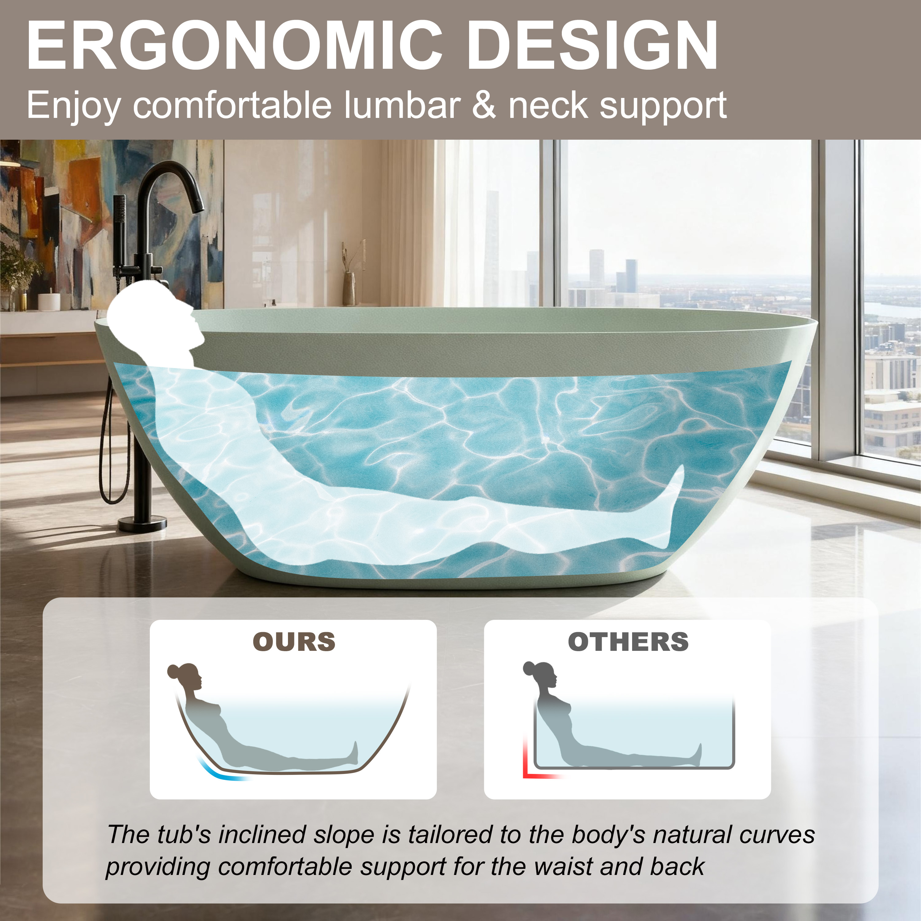 57"/61"/65"/69" Minimalist Solid Surface Freestanding Bathtub in Pine Crest and Shadow Whisper