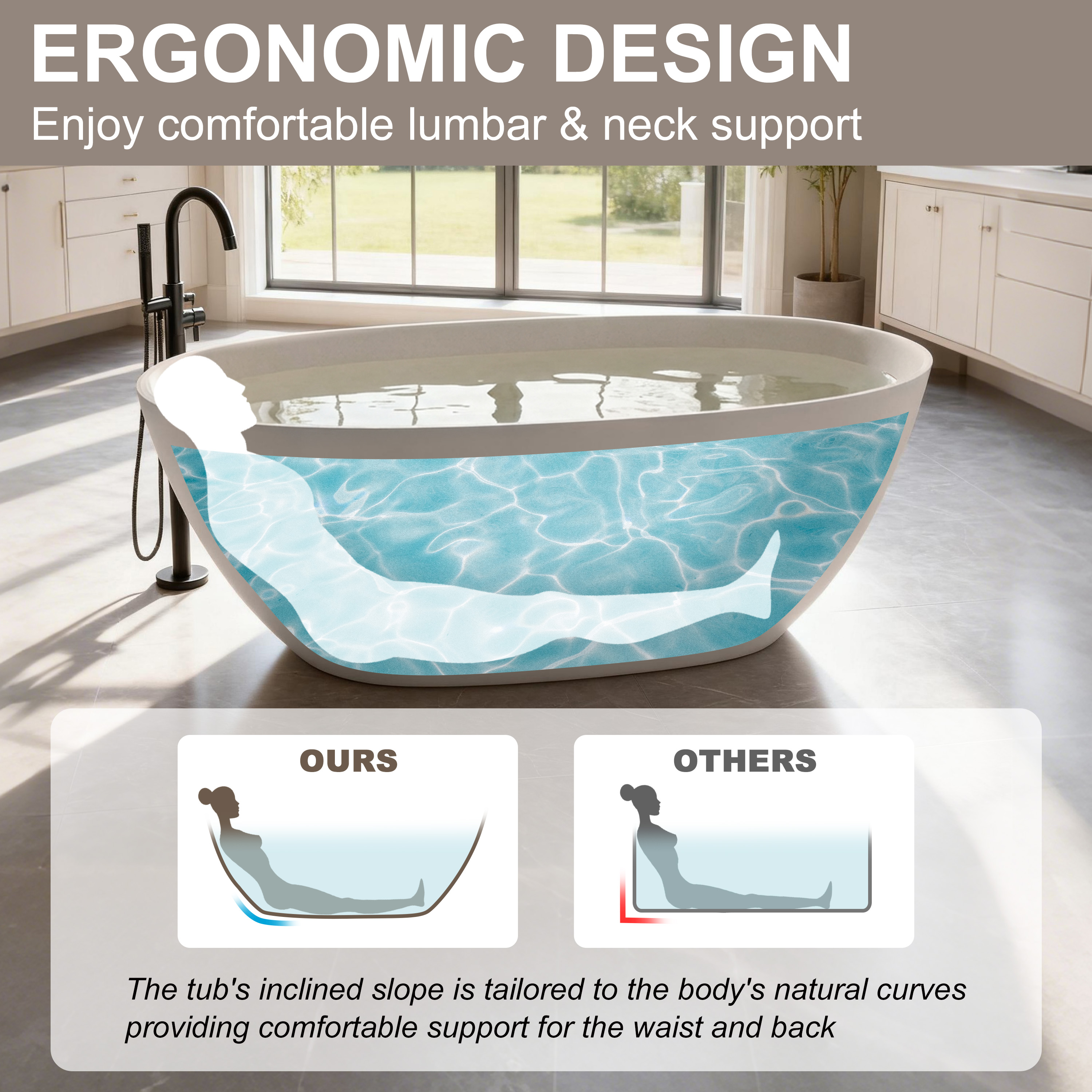 57"/61"/65"/69" Minimalist Solid Surface Freestanding Bathtub in Pine Crest and Shadow Whisper
