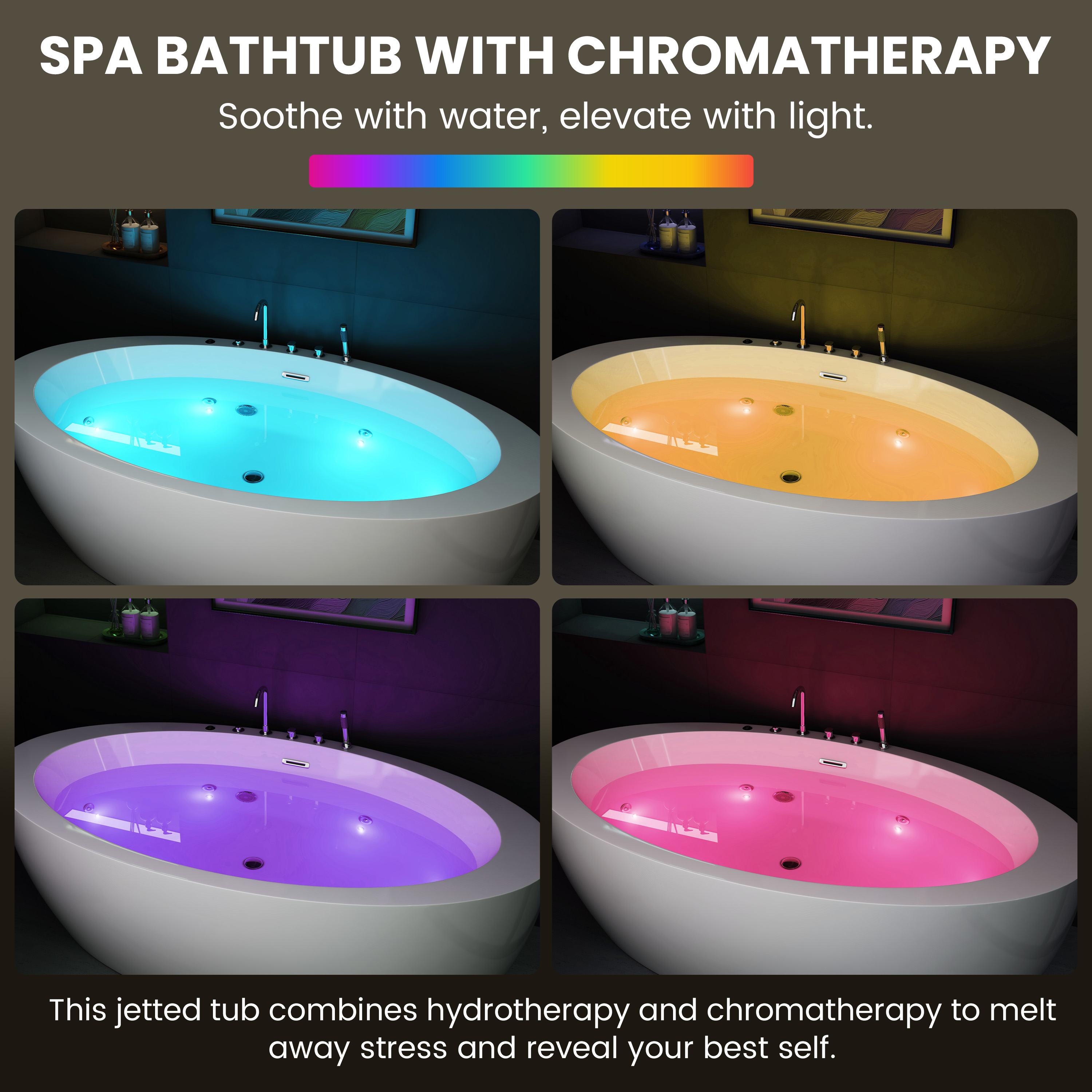 71" Minimalist Massage Freestanding Bathtub with LED Mood Light & Ergonomic Deep Soak