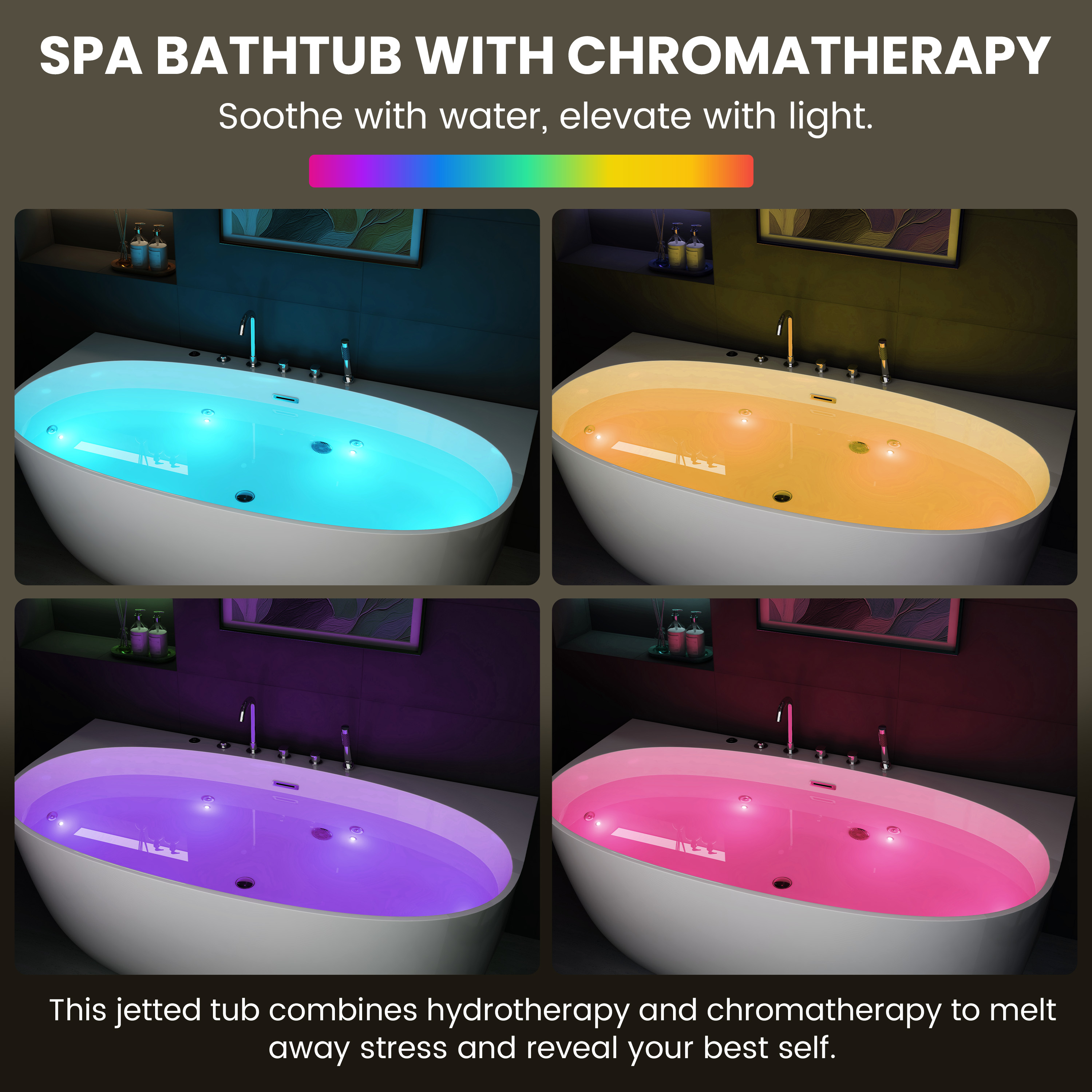 67" Freestanding Whirlpool Bathtub with 6 Hydro Jets & LED Mood Lighting