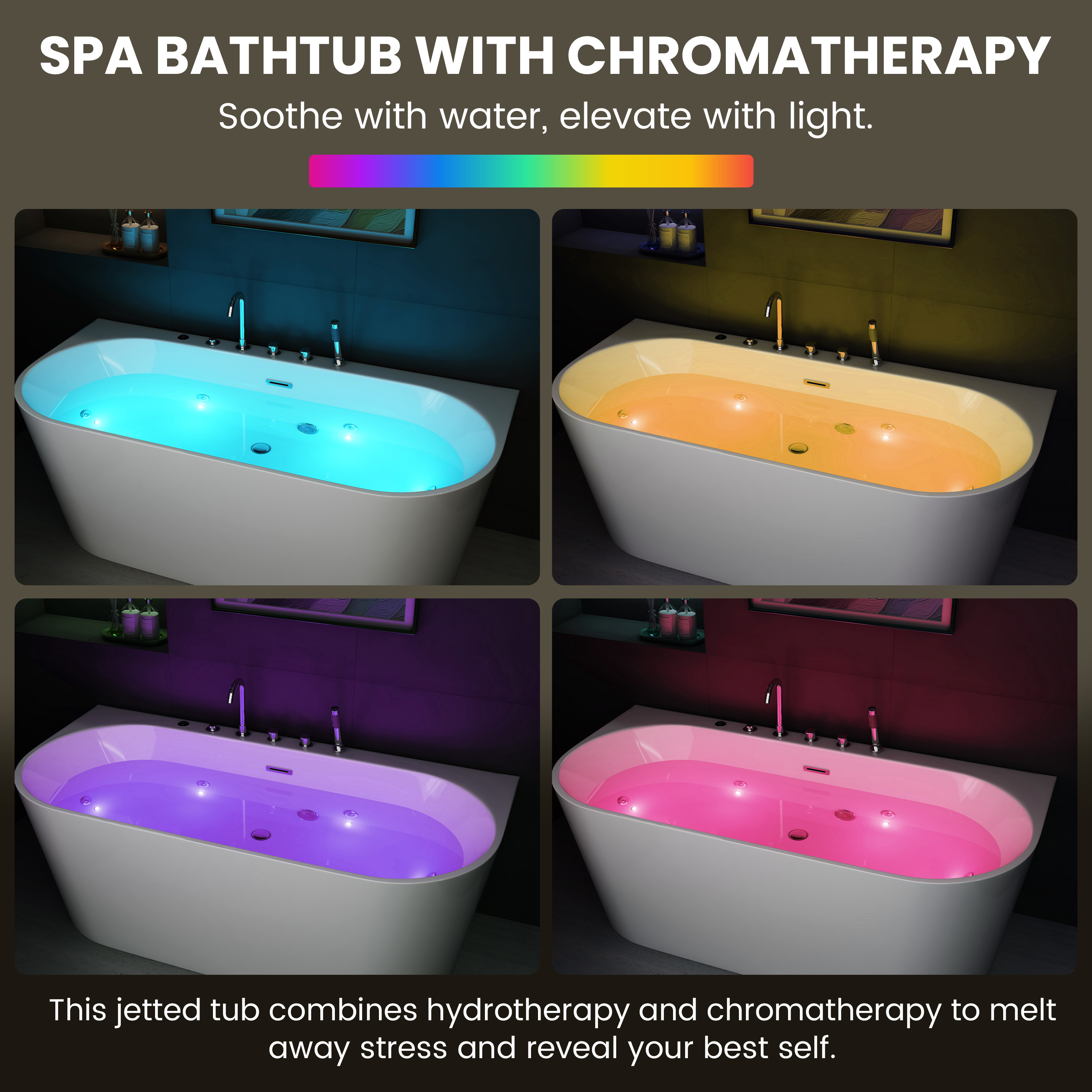 63" Acrylic Freestanding Whirlpool Bathtub with 6 Jets and 7-Color LED Light