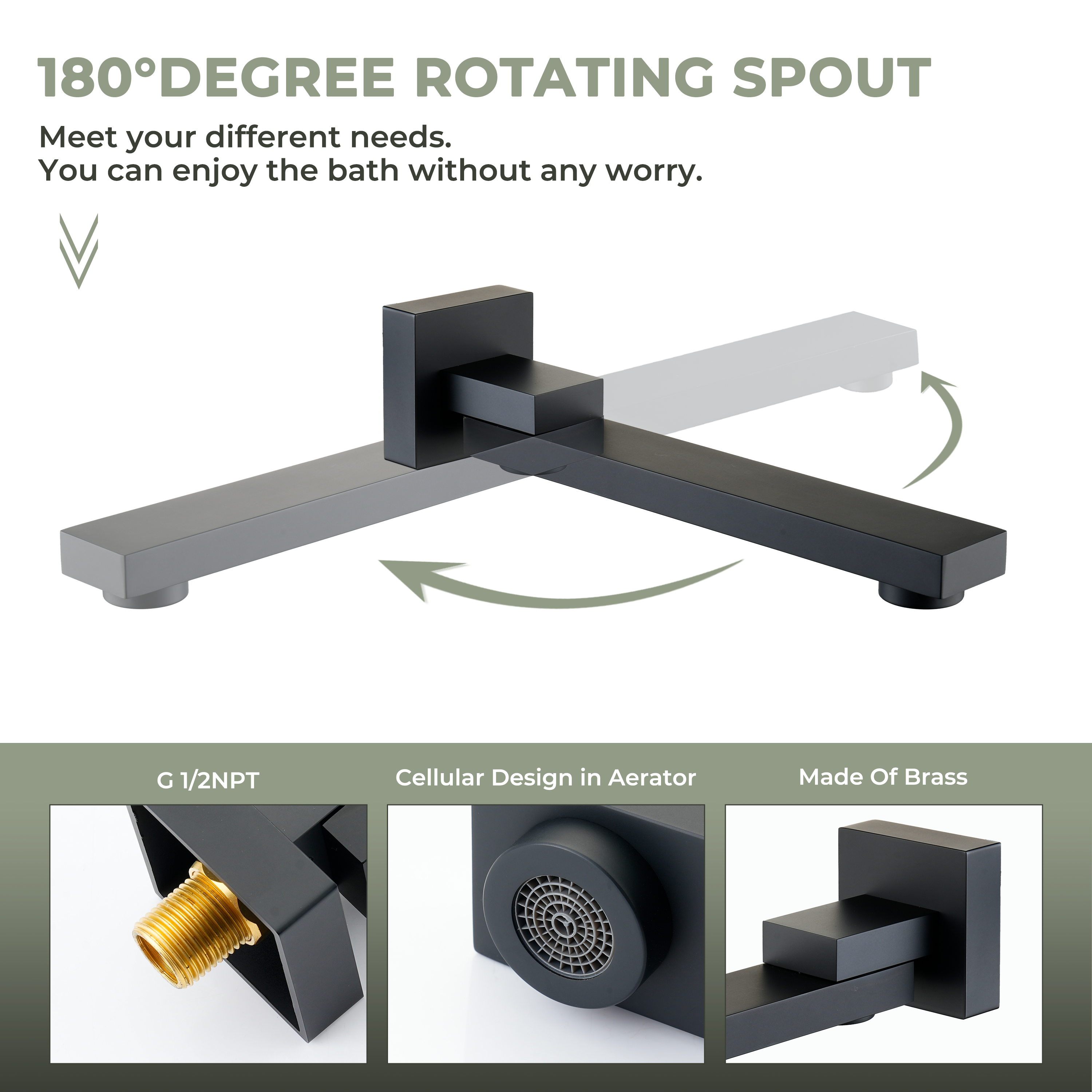 Square Brass Tub Spout with 180° Swing Outlet & Decoration Cover