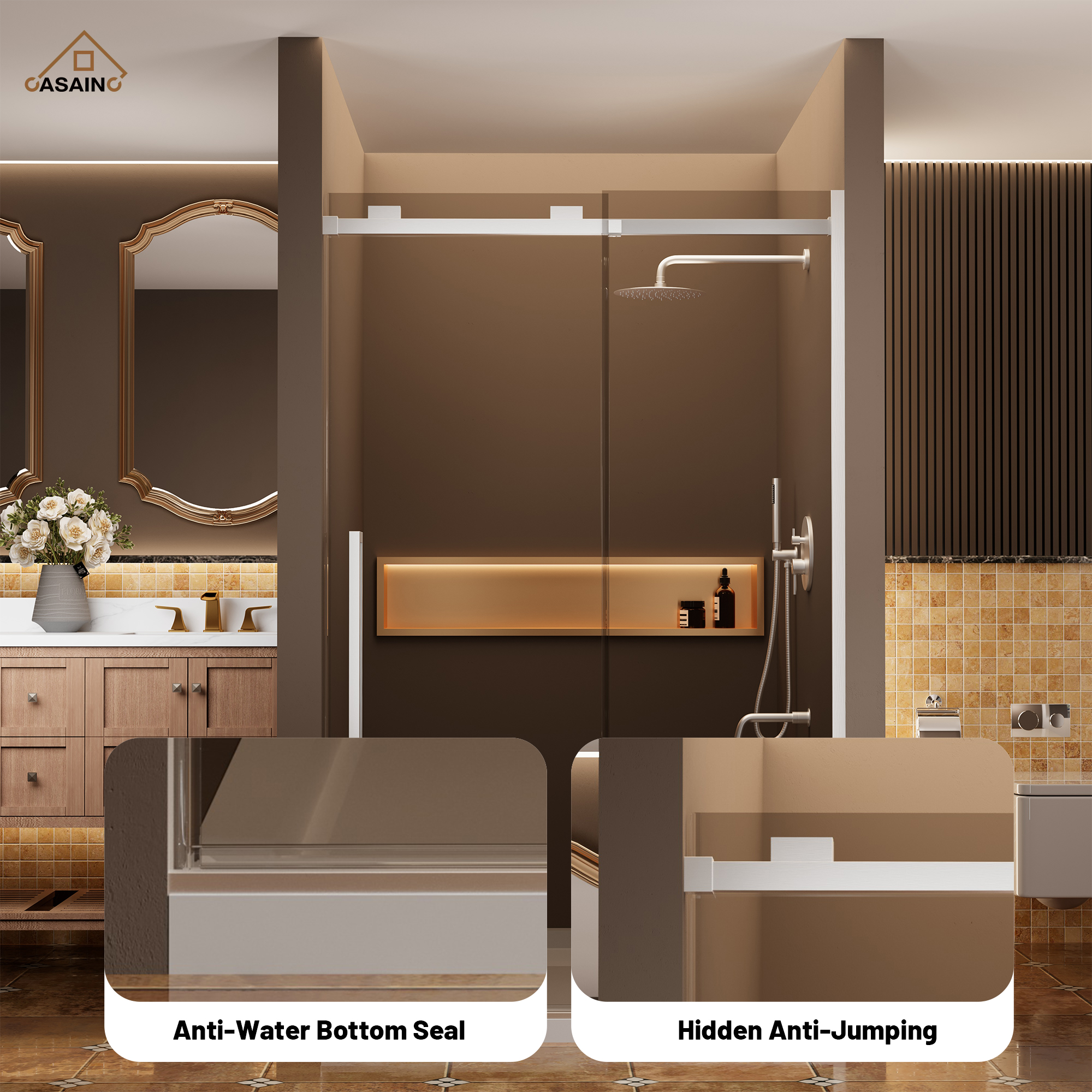 48"x76" Frameless Shower Door with Cushioned Single Slide in Brushed Nickel/Chromed/Matte Black/Brushed Gold, 0.39 inch SGCC-certified Tempered Shower Glass