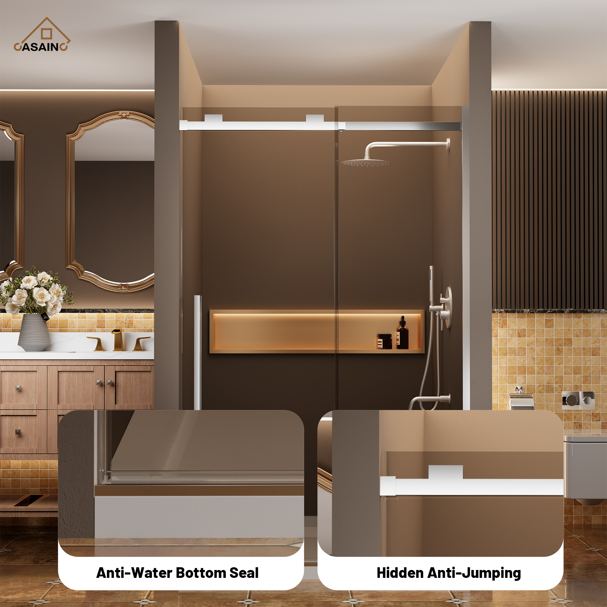 48"x76" Frameless Shower Door with Cushioned Single Slide in Brushed Nickel/Chromed/Matte Black/Brushed Gold, 0.39 inch SGCC-certified Tempered Shower Glass