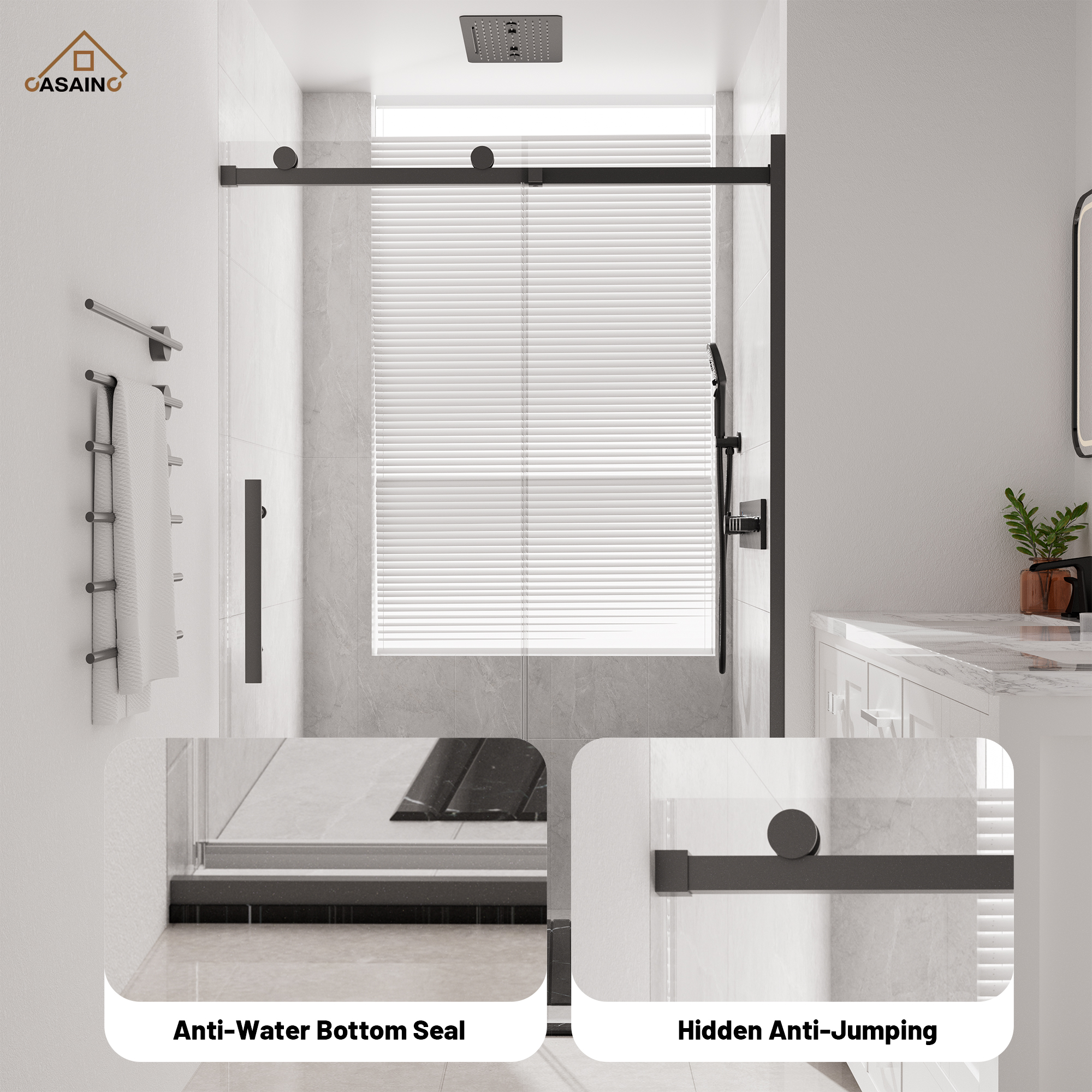 48"x76" Frameless Shower Door with Cushioned Single Slide, SGCC-Certified Tempered Shower Glass Door in Matte Black/Chrome/Brushed Nickel/Brushed Gold