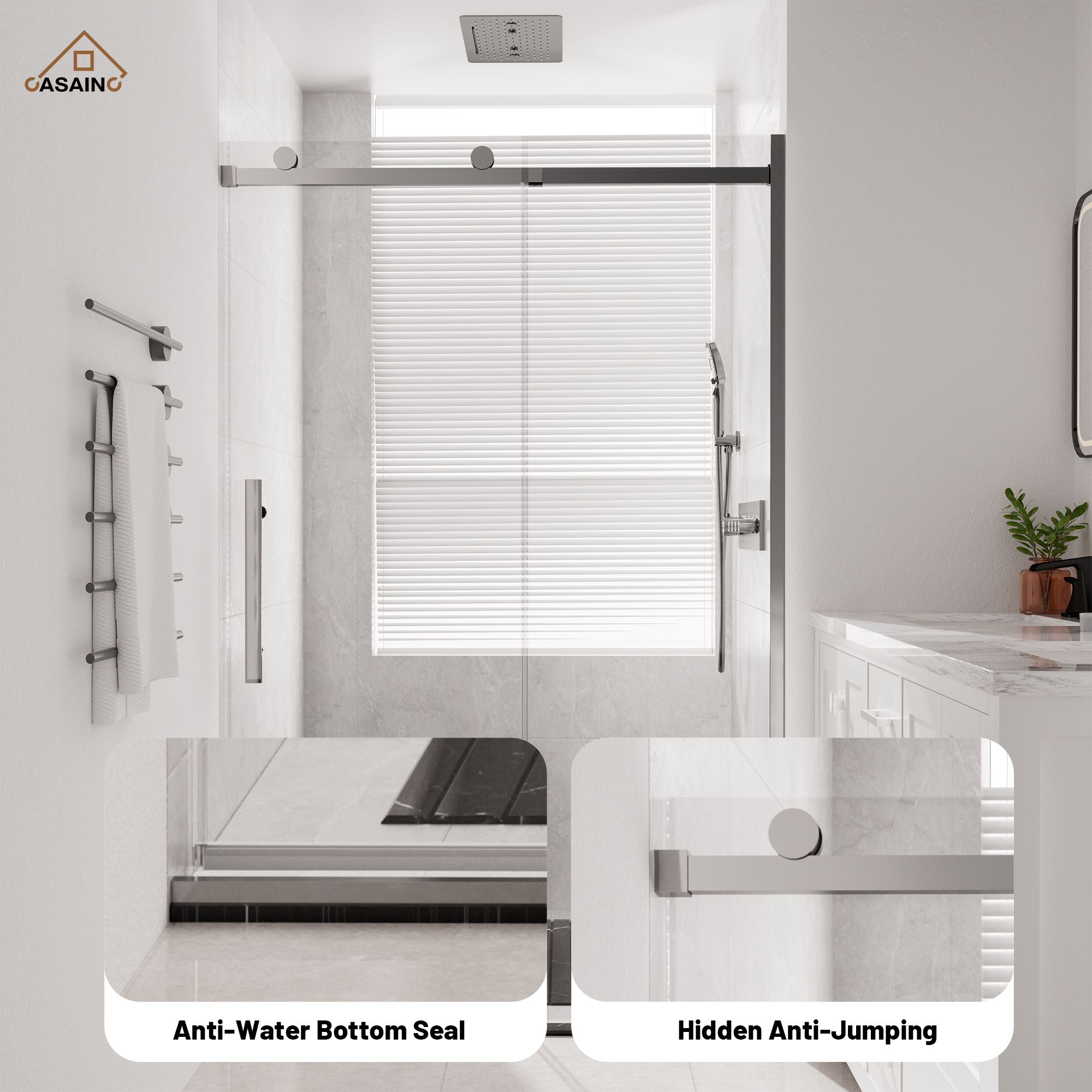 48"x76" Frameless Shower Door with Cushioned Single Slide, SGCC-Certified Tempered Shower Glass Door in Matte Black/Chrome/Brushed Nickel/Brushed Gold