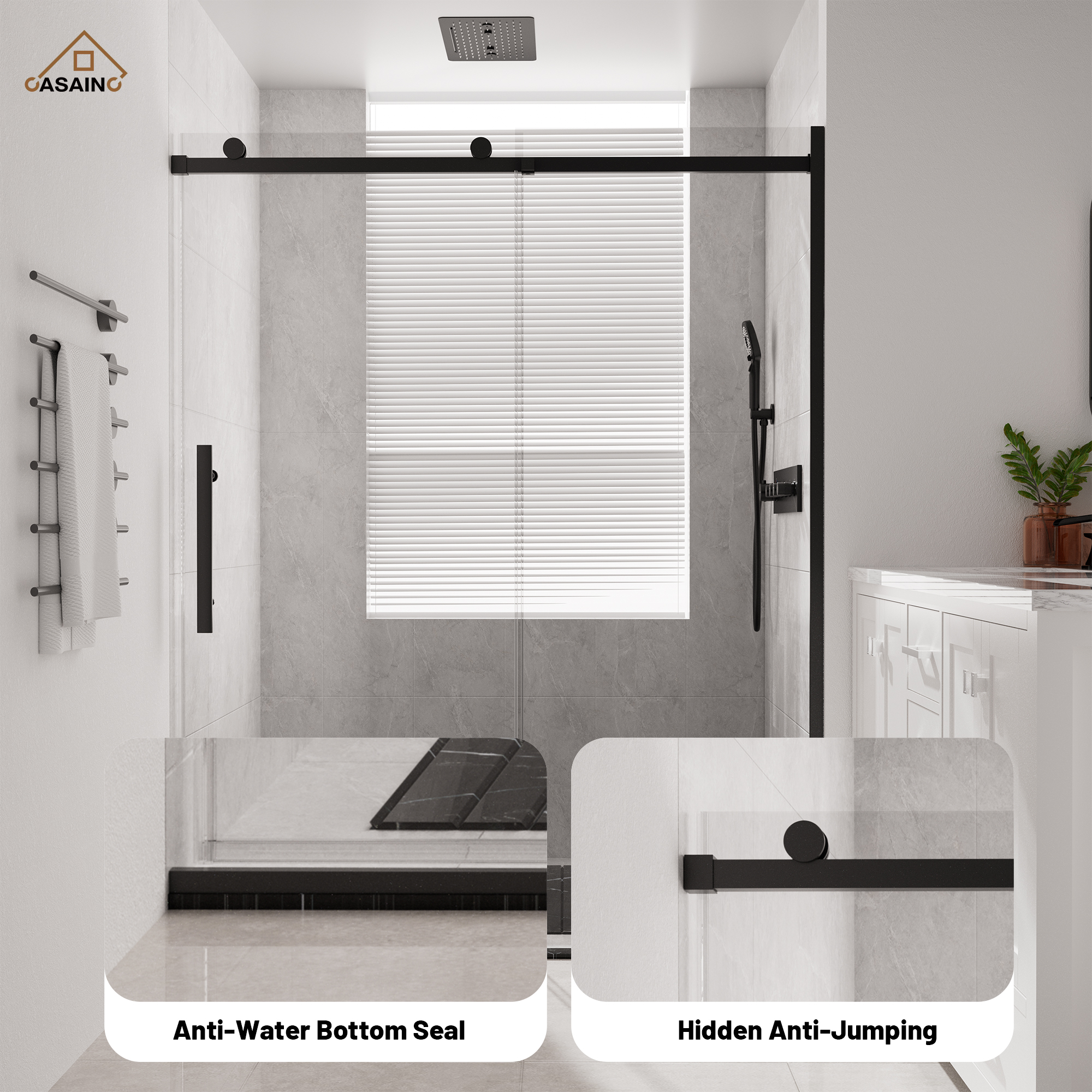 60"x76" Frameless Shower Door with Cushioned Single Slide, SGCC-Certified Tempered Shower Glass Door in Matte Black/Chrome/Brushed Nickel/Brushed Gold