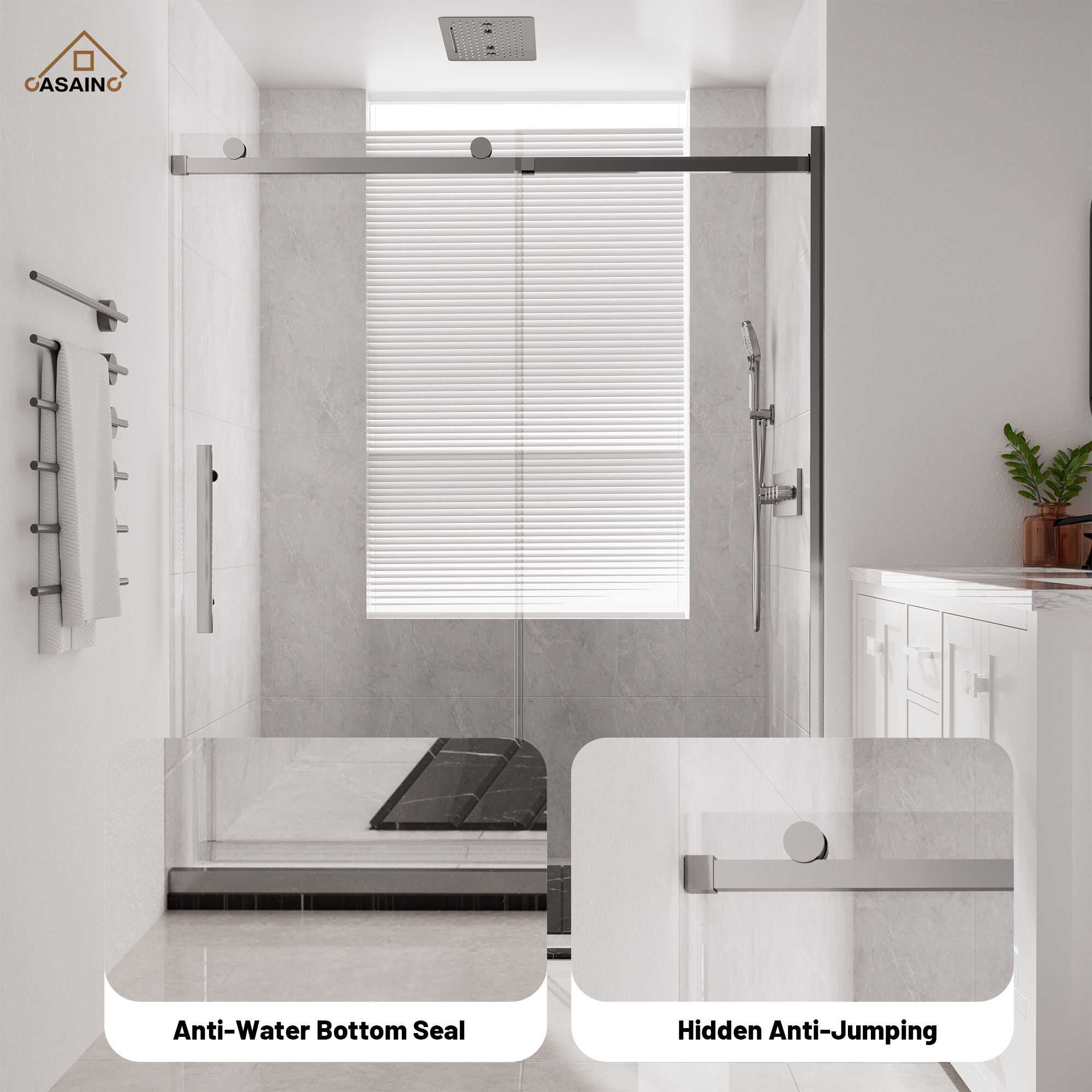 60"x76" Frameless Shower Door with Cushioned Single Slide, SGCC-Certified Tempered Shower Glass Door in Matte Black/Chrome/Brushed Nickel/Brushed Gold