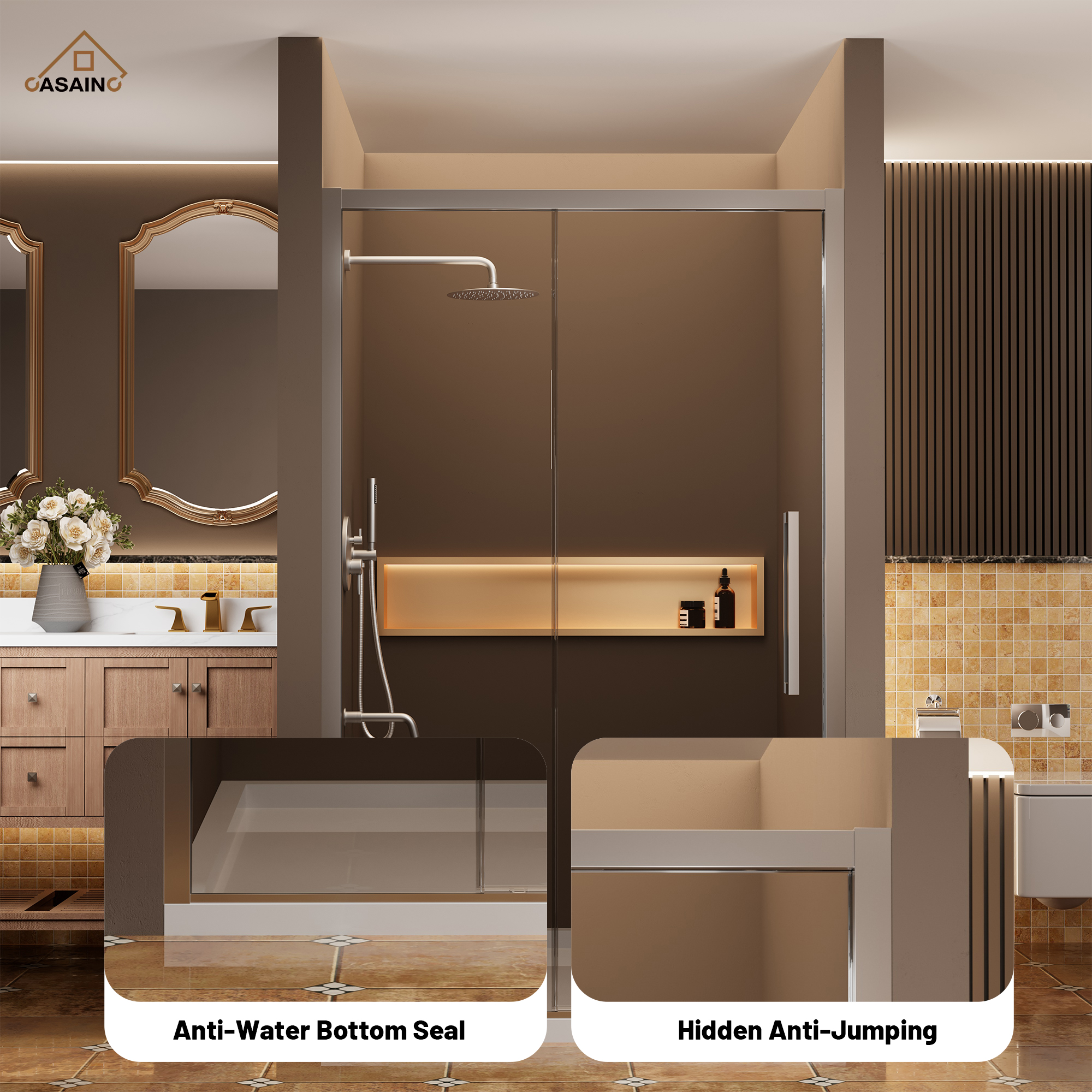 48"x76" Framed Shower Door with Cushioned Single Slide in Brushed Nickel/Chromed/Matte Black, 0.32 inch SGCC-certified Tempered Shower Glass