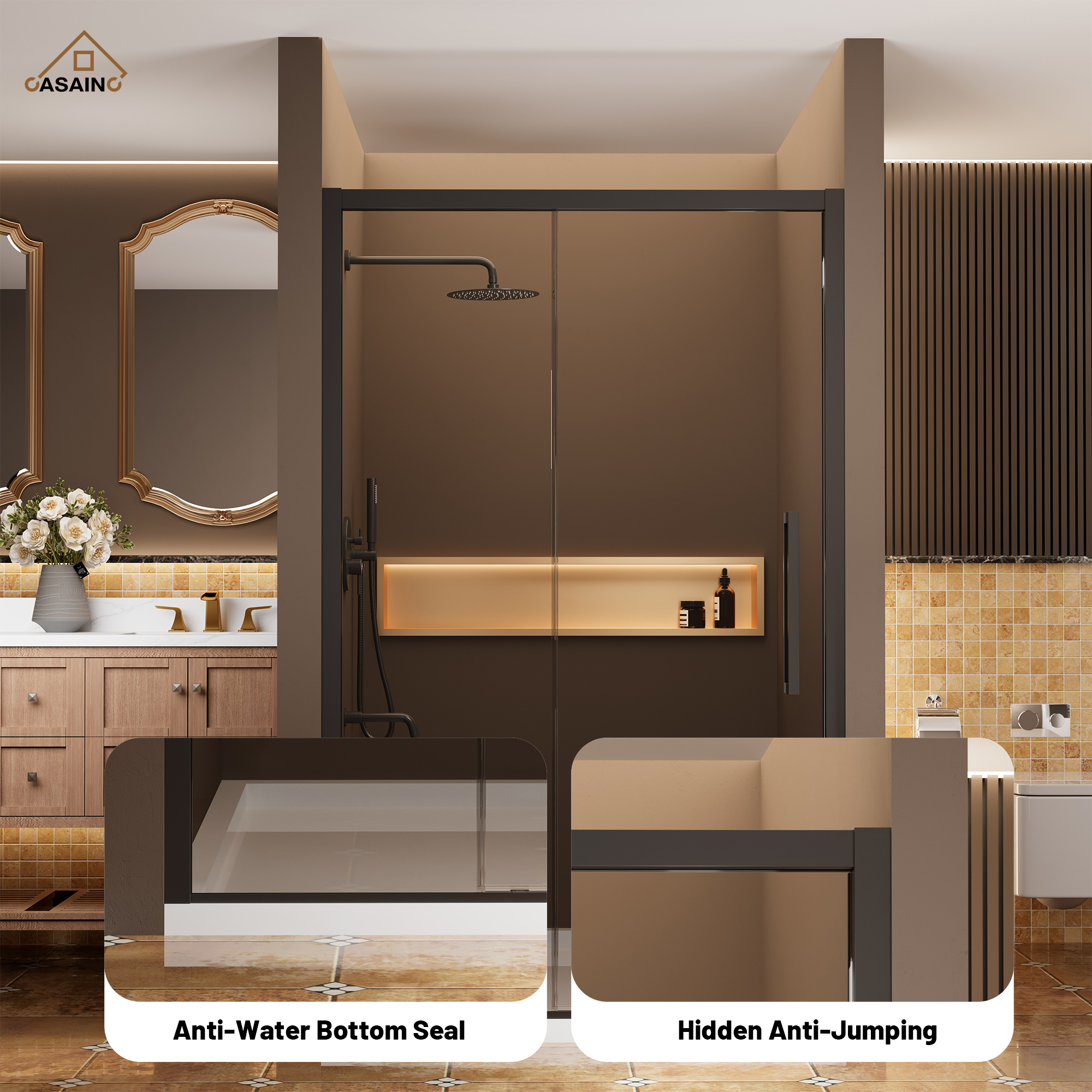 48"x76" Framed Shower Door with Cushioned Single Slide in Brushed Nickel/Chromed/Matte Black, 0.32 inch SGCC-certified Tempered Shower Glass