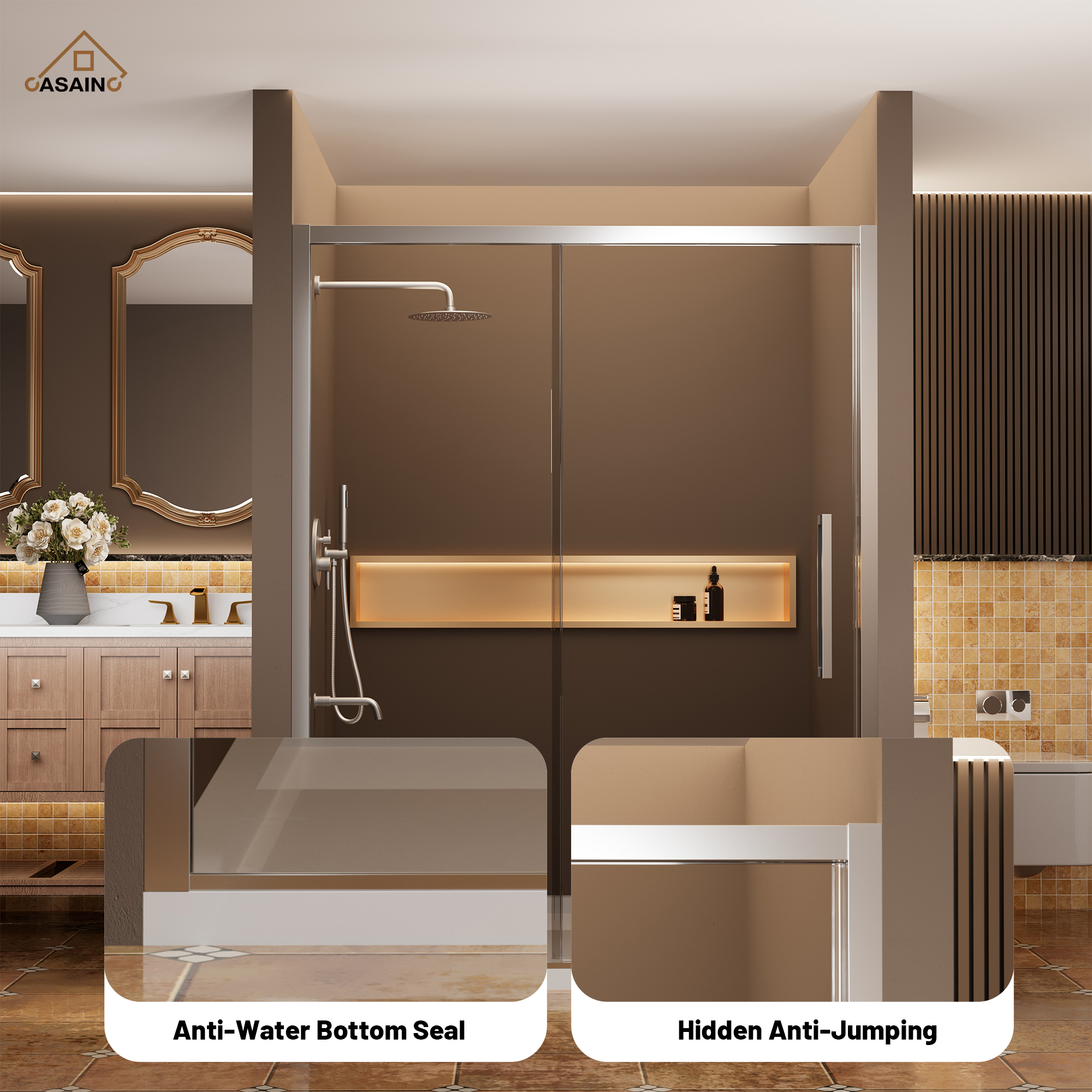 60"x76" Framed Shower Door with Cushioned Single Slide in Brushed Nickel/Chromed/Matte Black, SGCC-certified Tempered Shower Glass