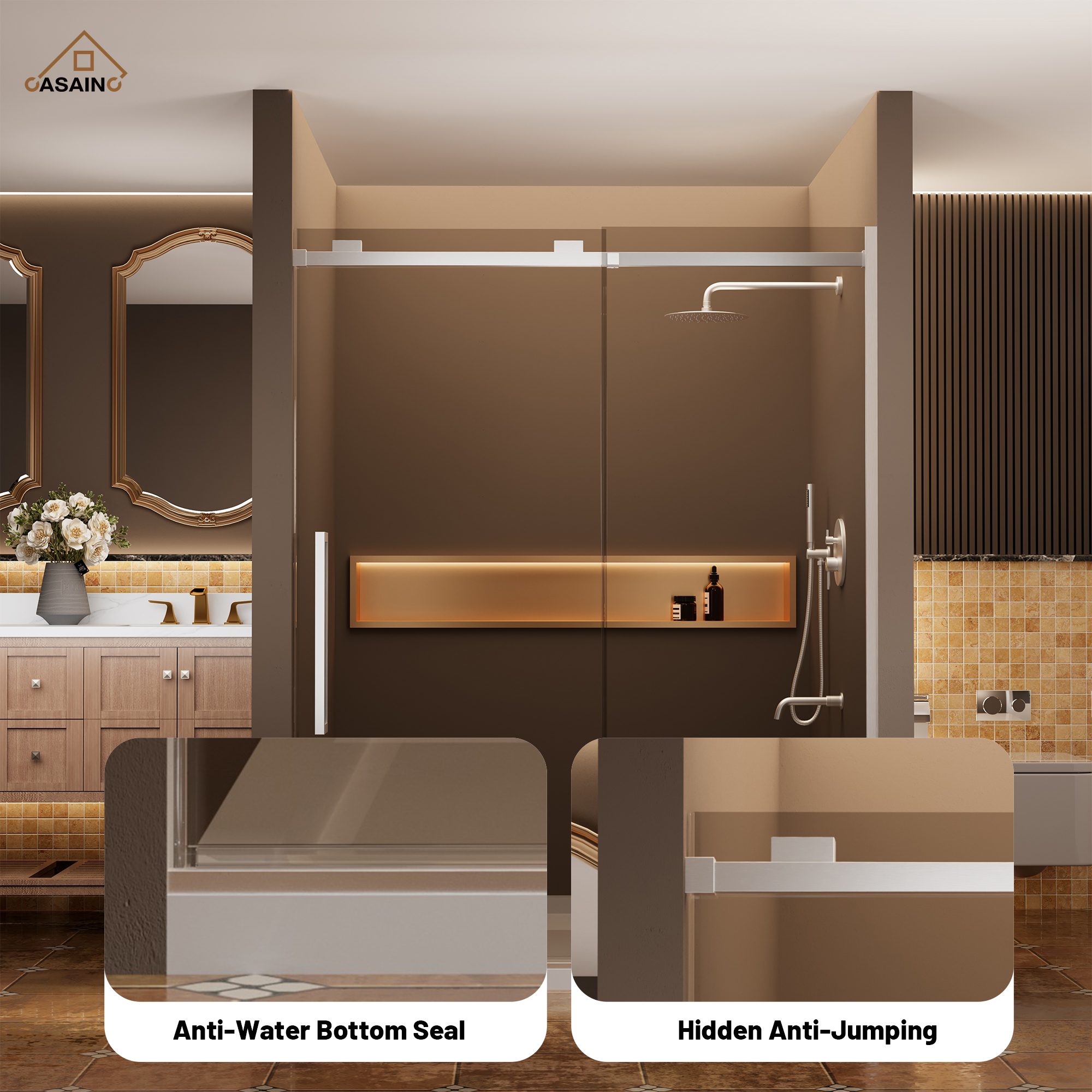 60"x76" Frameless Shower Door with Cushioned Single Slide in Brushed Nickel/Chromed/Matte Black/Brushed Gold, SGCC-certified Tempered Shower Glass