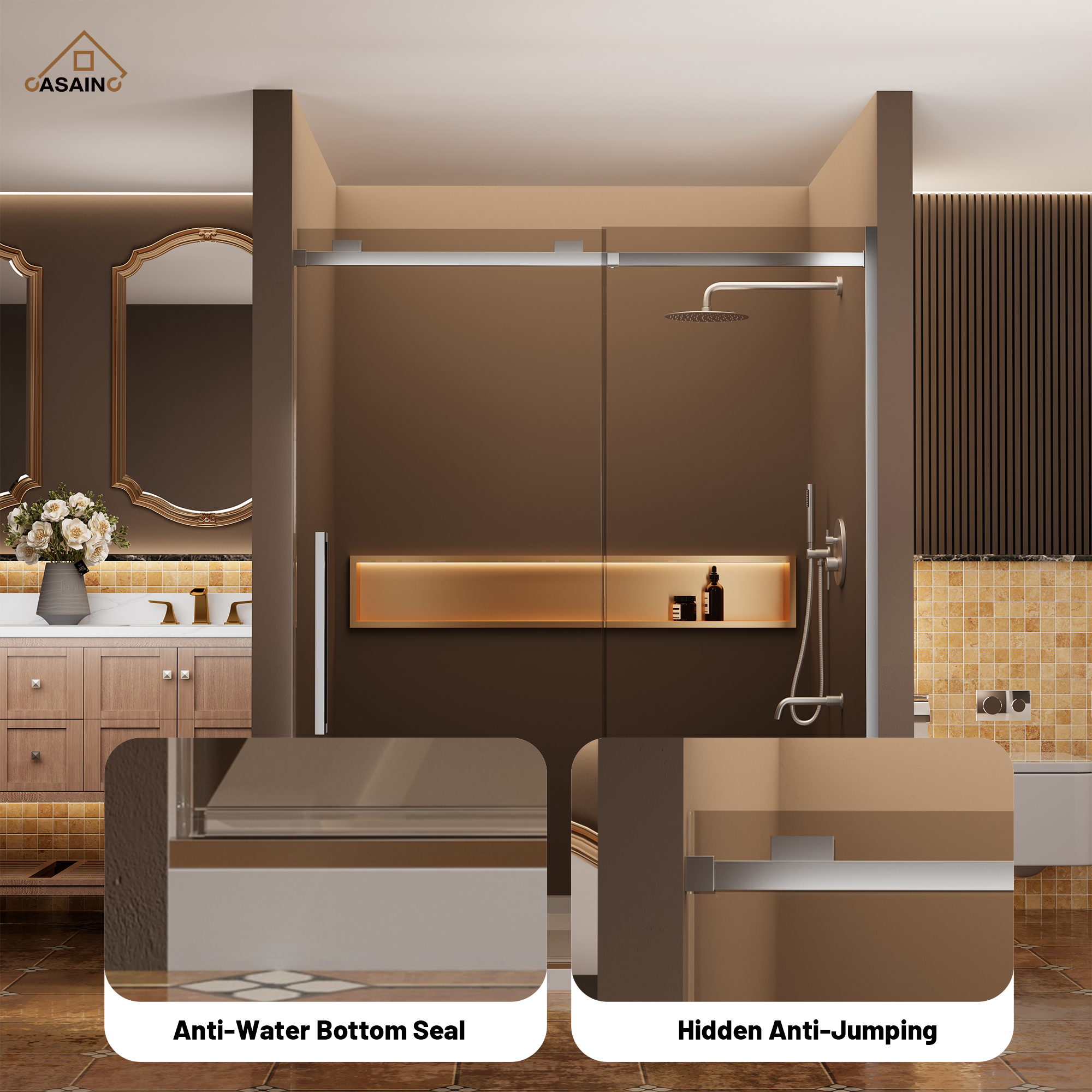 60"x76" Frameless Shower Door with Cushioned Single Slide in Brushed Nickel/Chromed/Matte Black/Brushed Gold, SGCC-certified Tempered Shower Glass