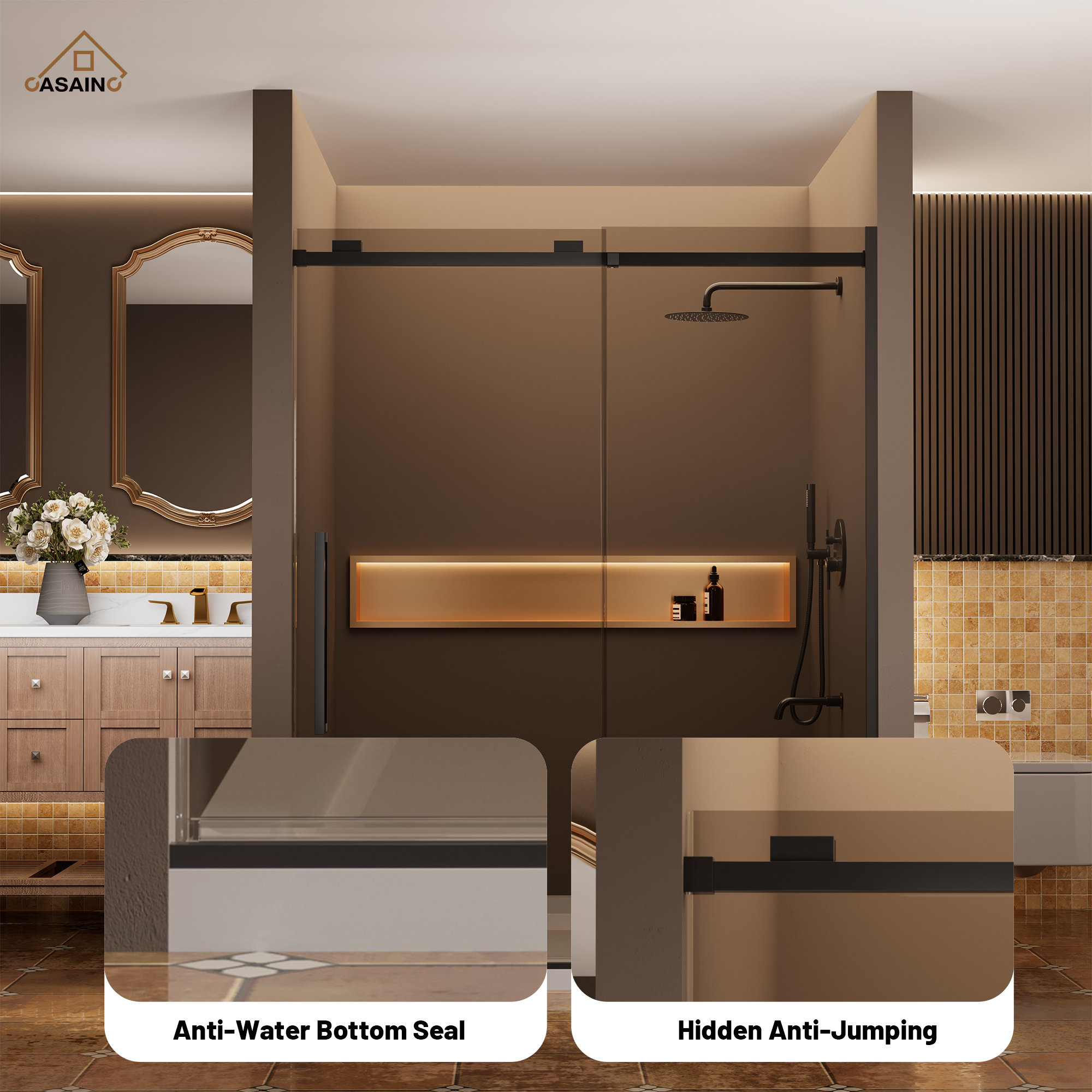 60"x76" Frameless Shower Door with Cushioned Single Slide in Brushed Nickel/Chromed/Matte Black/Brushed Gold, SGCC-certified Tempered Shower Glass