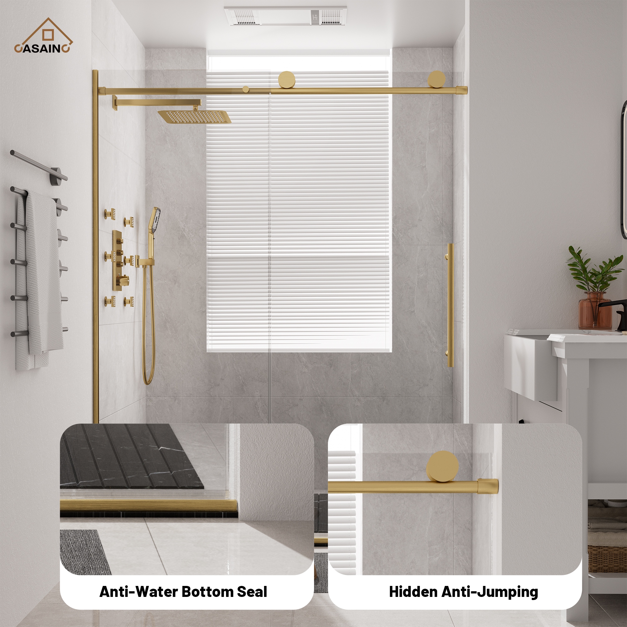 60"x76" Frameless Laminated Layer Glass Shower Door with Cushioned Single Slide Enclosure in Chrome/Brushed Gold
