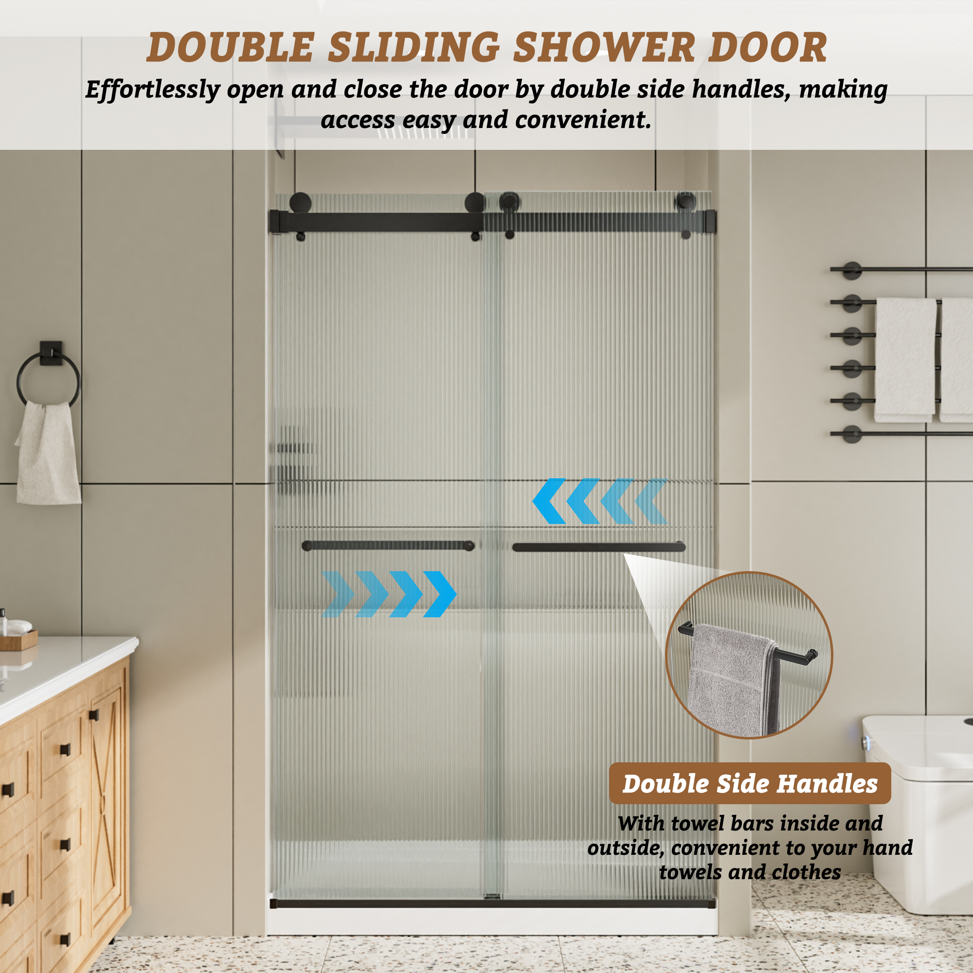 48"x76" Frameless Double Sliding Shower Door with 3/8" Fluted Glass