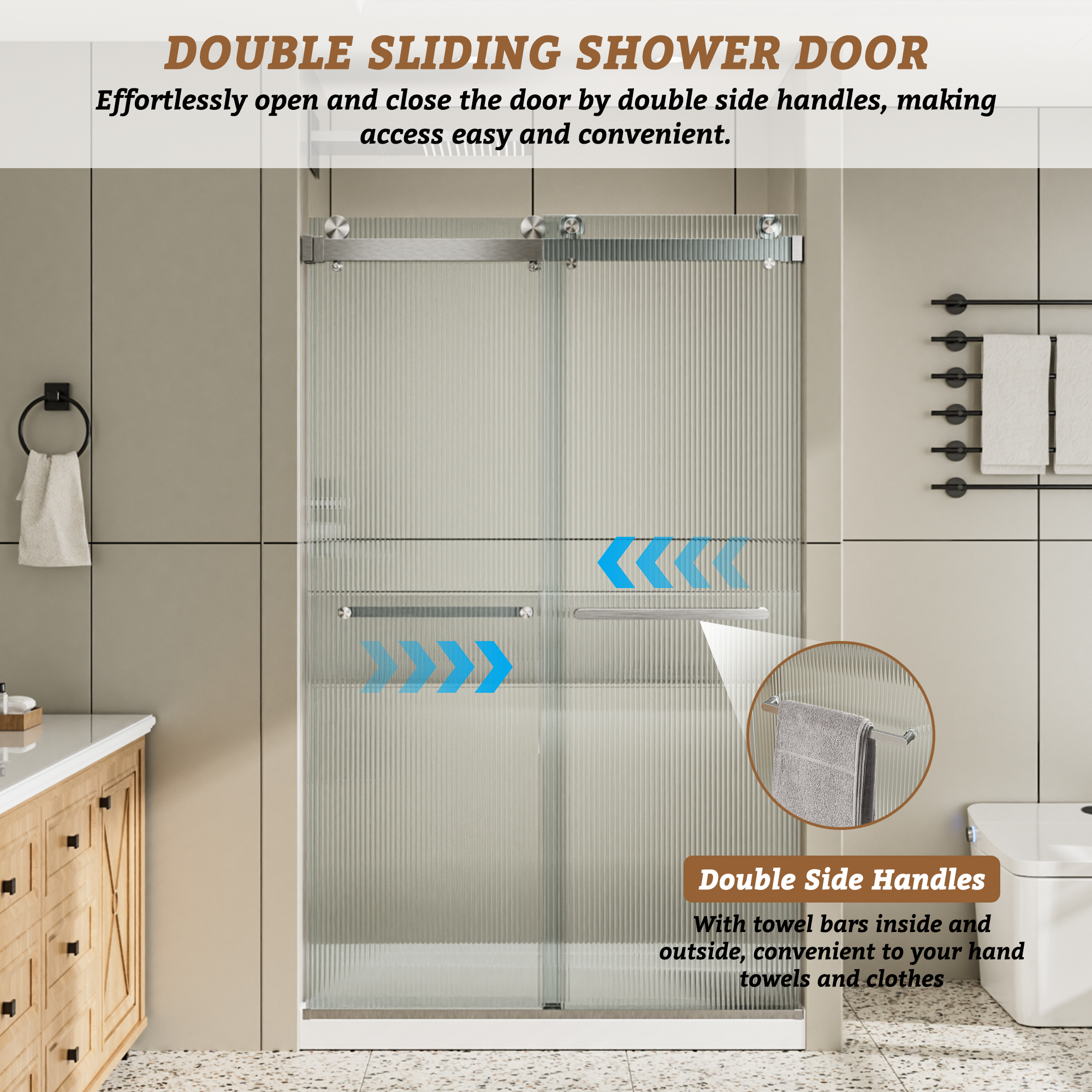48"x76" Frameless Double Sliding Shower Door with 3/8" Fluted Glass